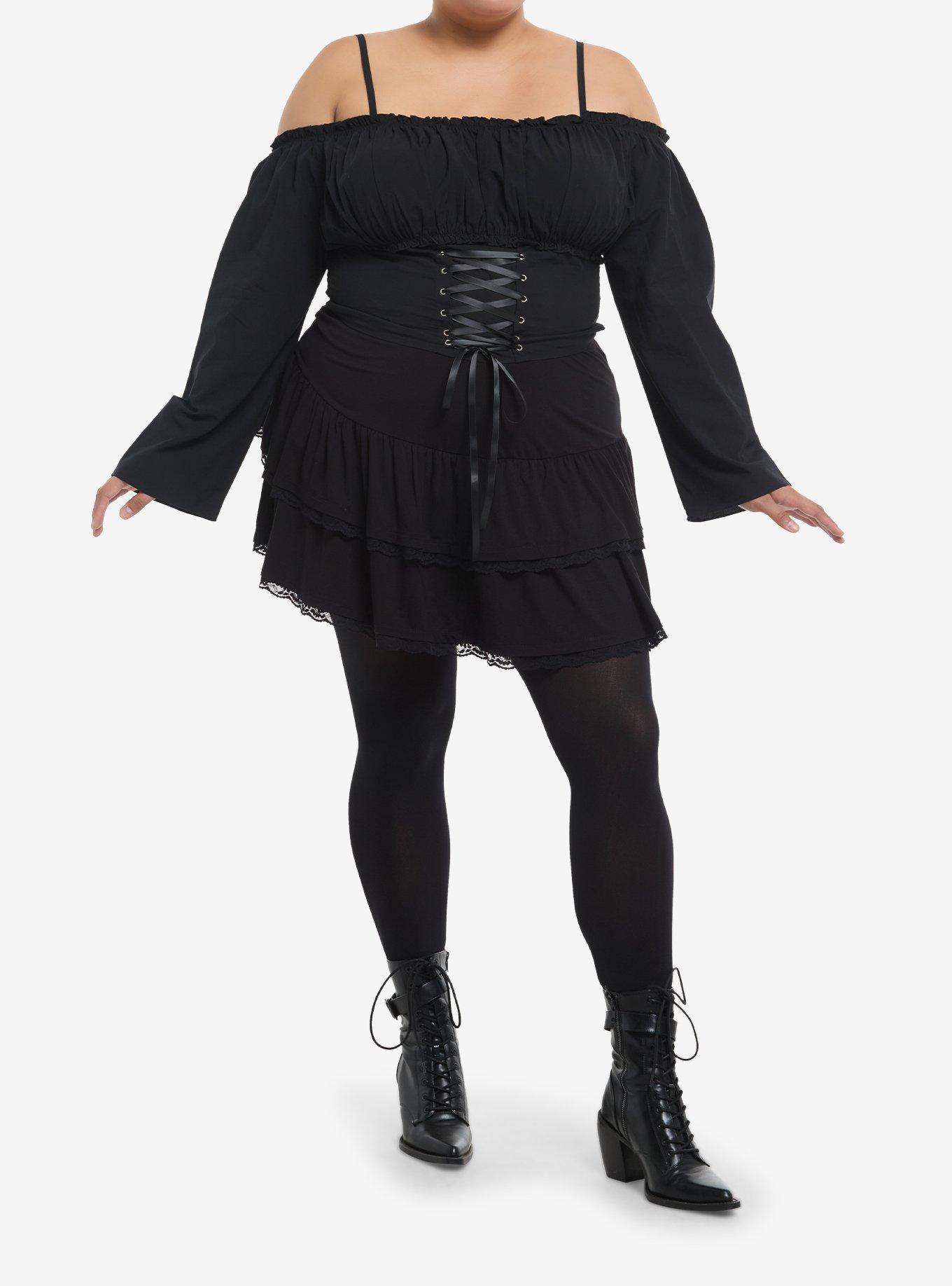 Cosmic Aura Black Lace-Up Cold Shoulder Girls Crop Top Plus Size, , hi-res