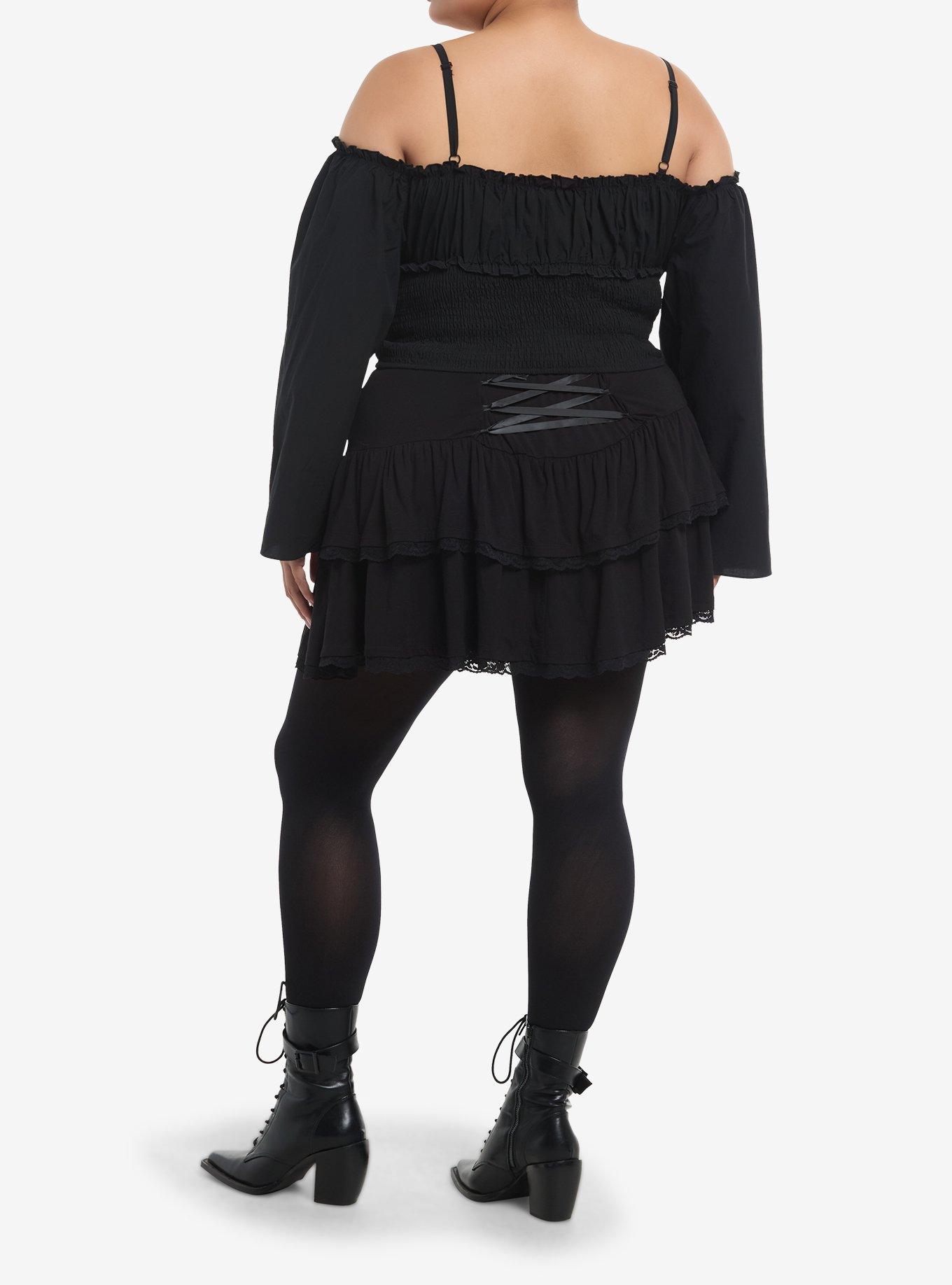 Cosmic Aura Black Lace-Up Cold Shoulder Girls Crop Top Plus Size, BLACK, alternate