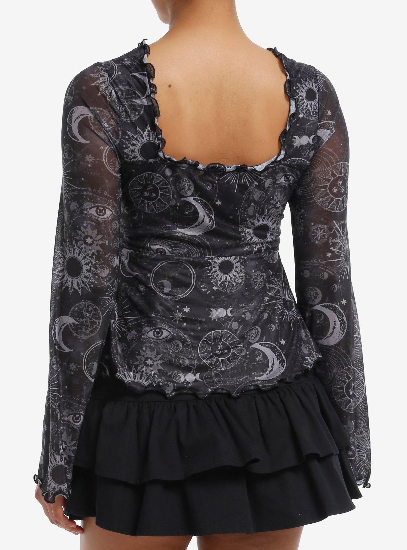 Cosmic Aura Dark Celestial Girls Bell Sleeve Top, GREY, alternate