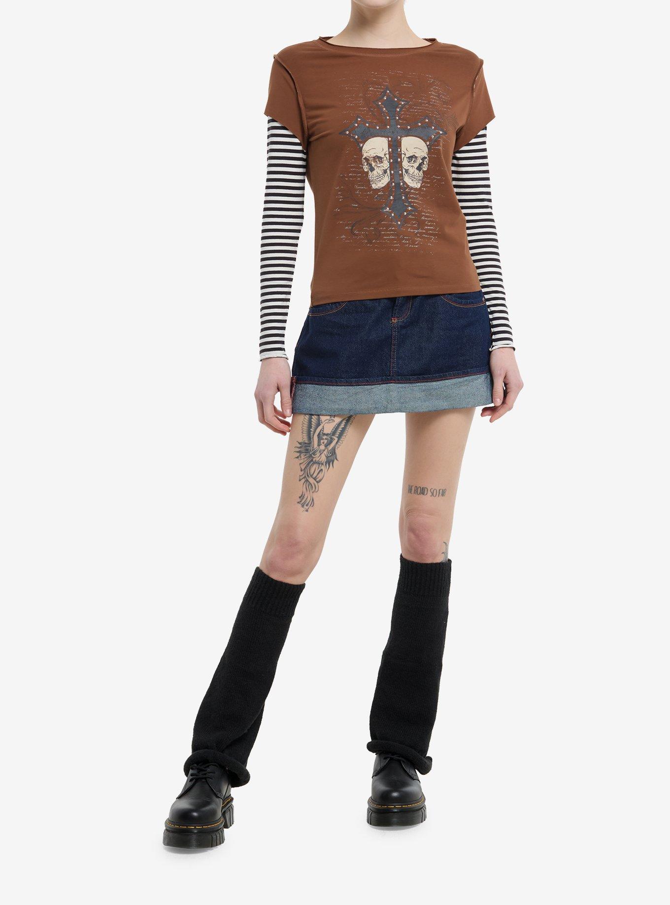 Skull Cross Rhinestones Striped Girls Twofer Long-Sleeve T-Shirt, , hi-res