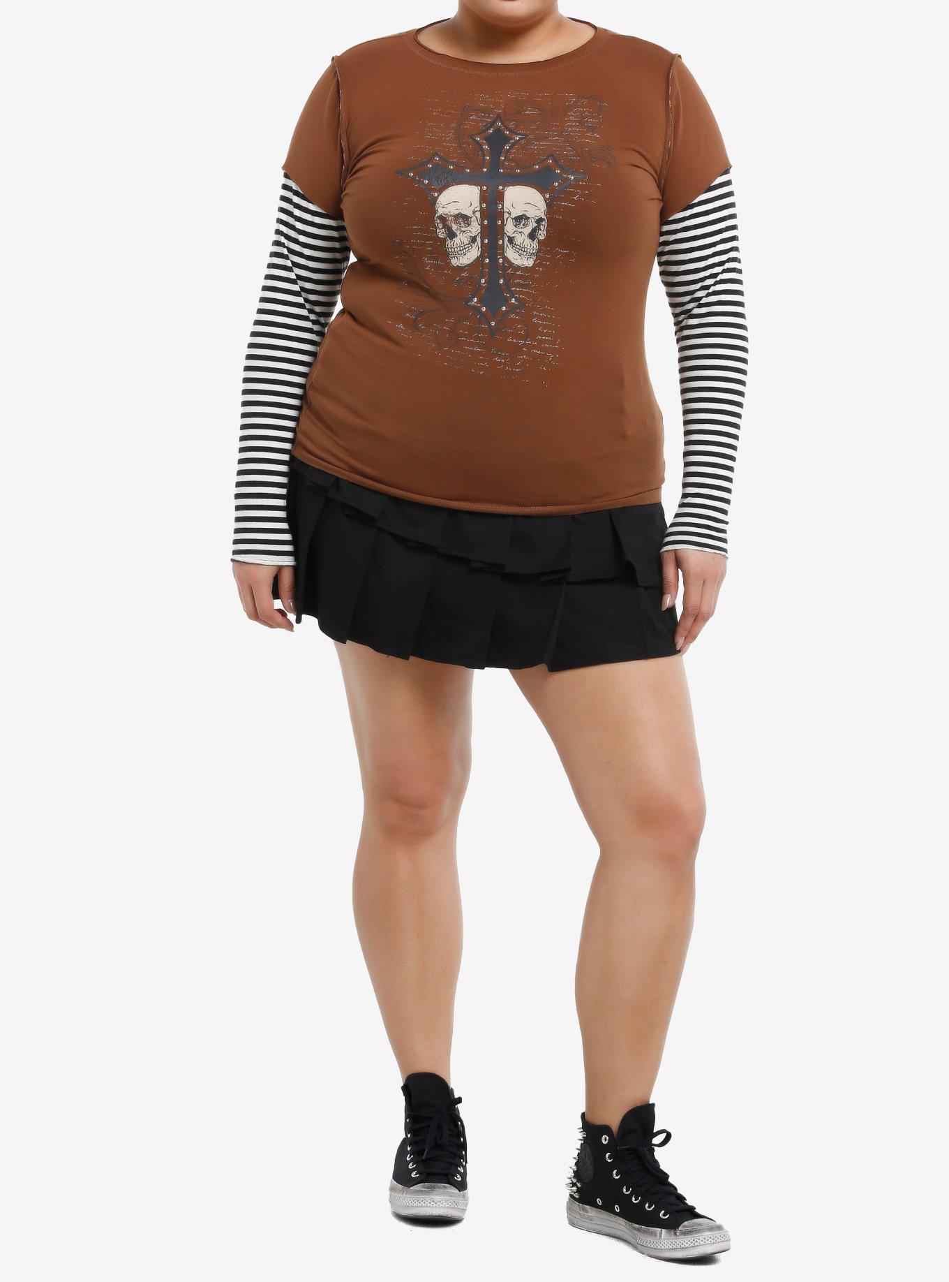 Skull Cross Rhinestones Striped Girls Twofer Long-Sleeve T-Shirt Plus Size, , hi-res