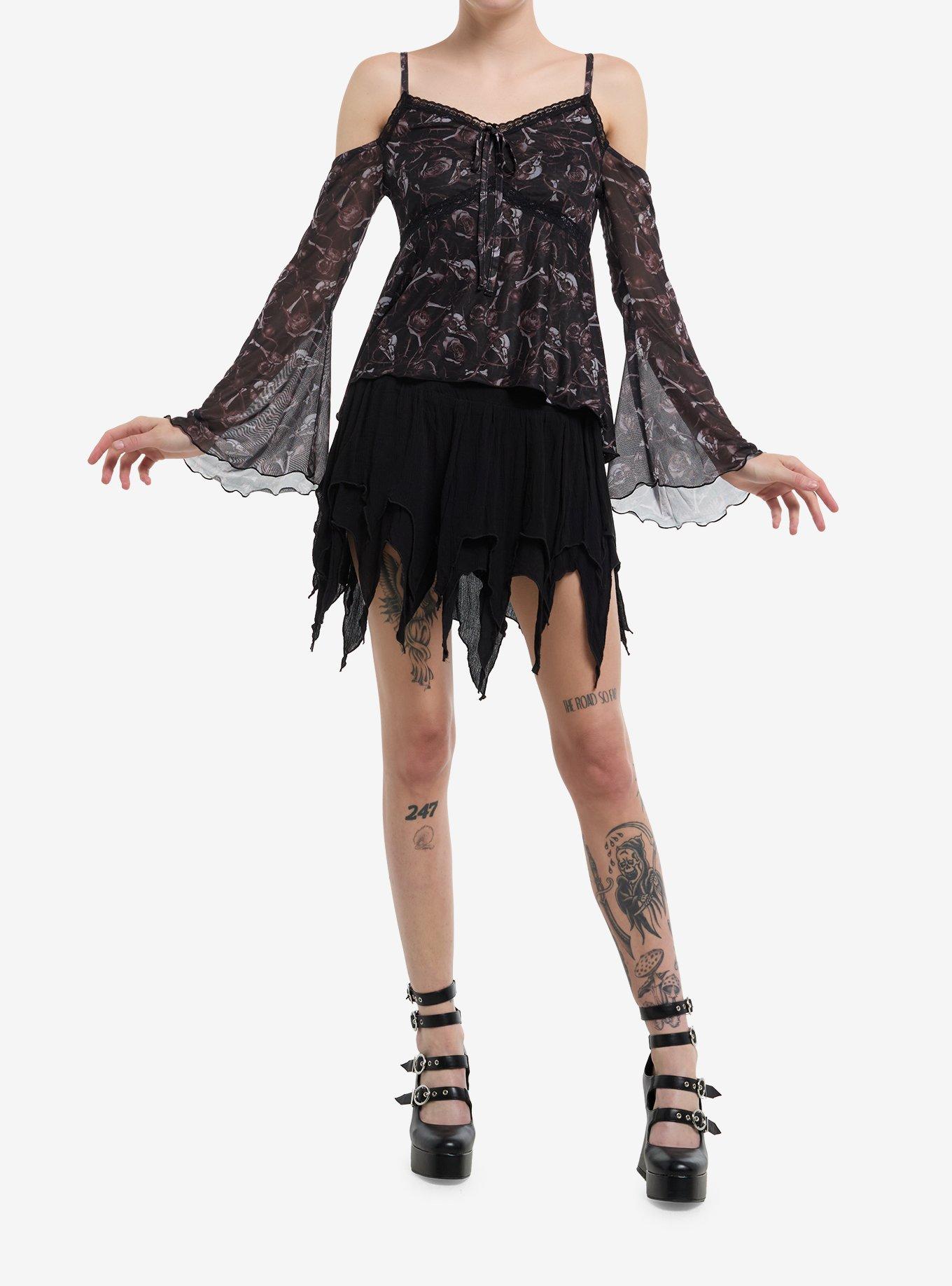 Cosmic Aura Bird Skull & Thorns Cold-Shoulder Top, , hi-res