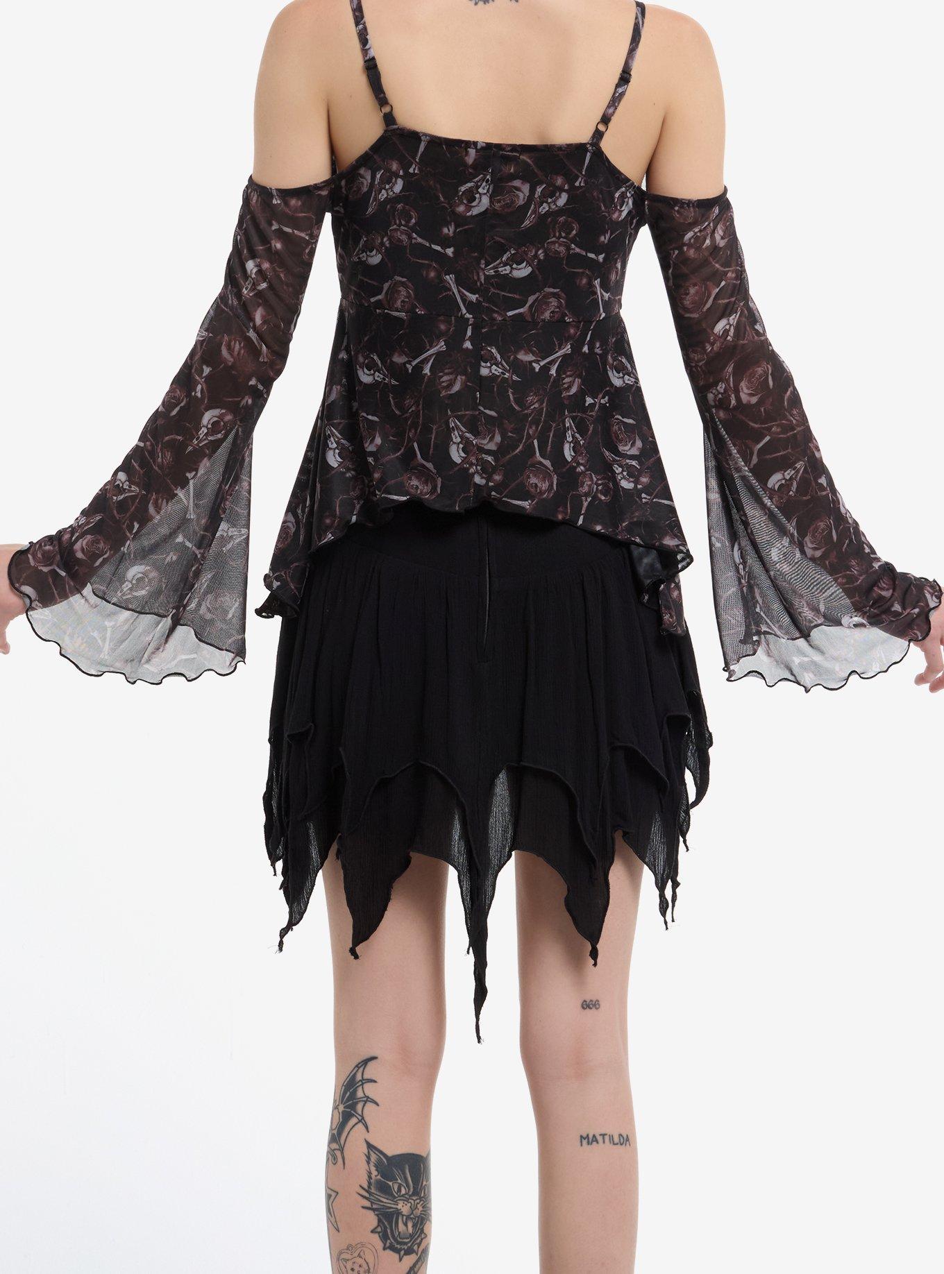 Cosmic Aura Bird Skull & Thorns Cold-Shoulder Top, RED, alternate