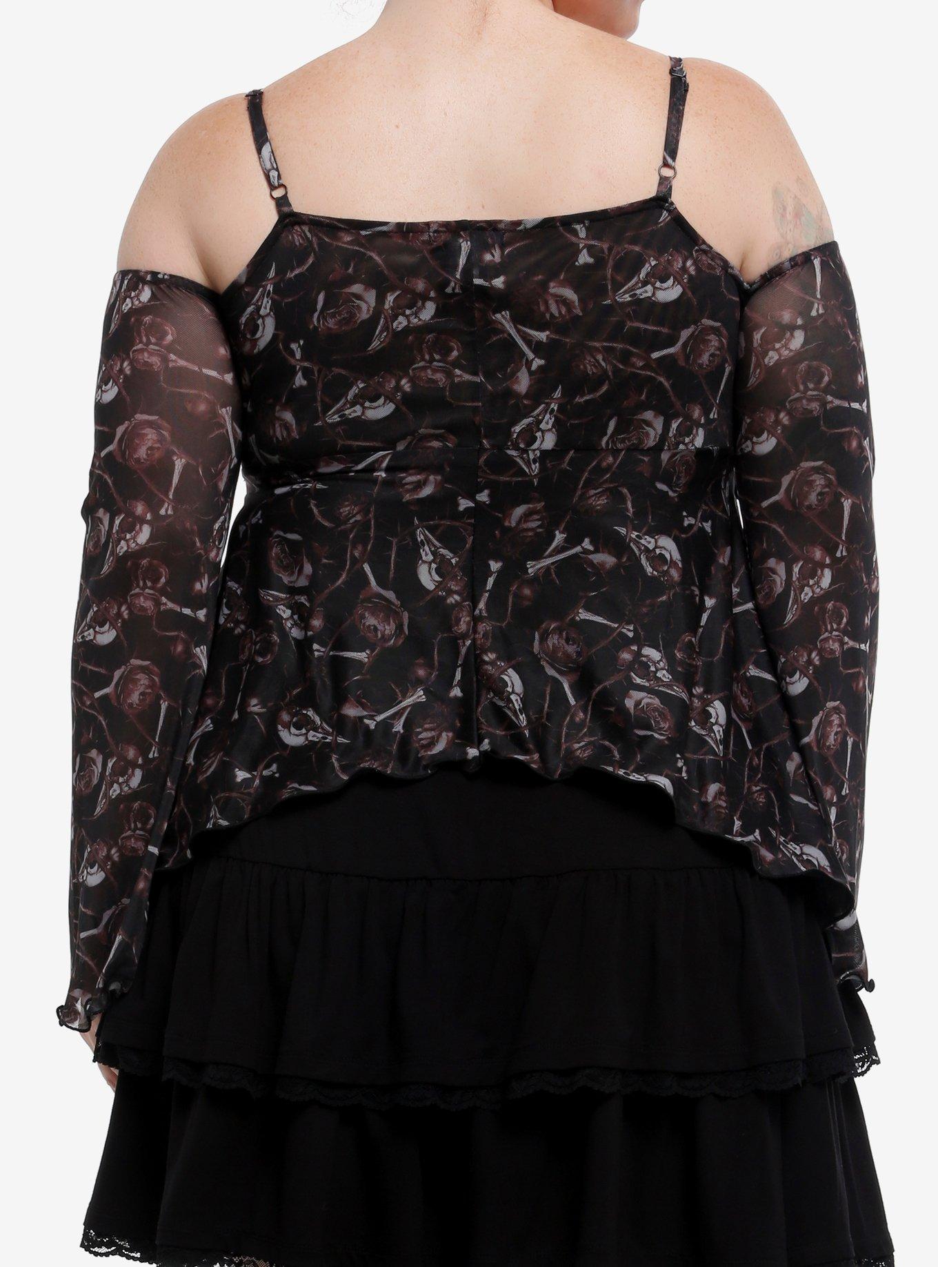 Cosmic Aura Bird Skull & Thorns Cold-Shoulder Top, RED, alternate