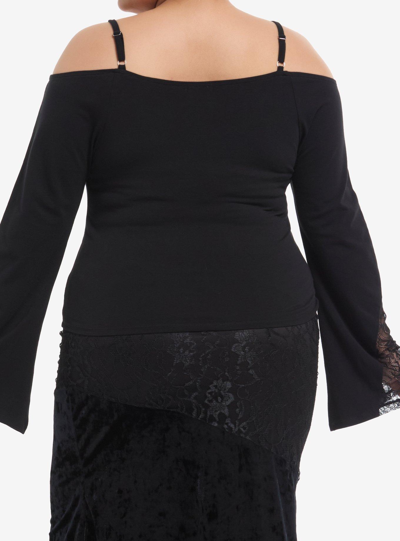 Cosmic Aura Lace Panel Cold Shoulder Girls Long-Sleeve Top Plus Size, BLACK, alternate