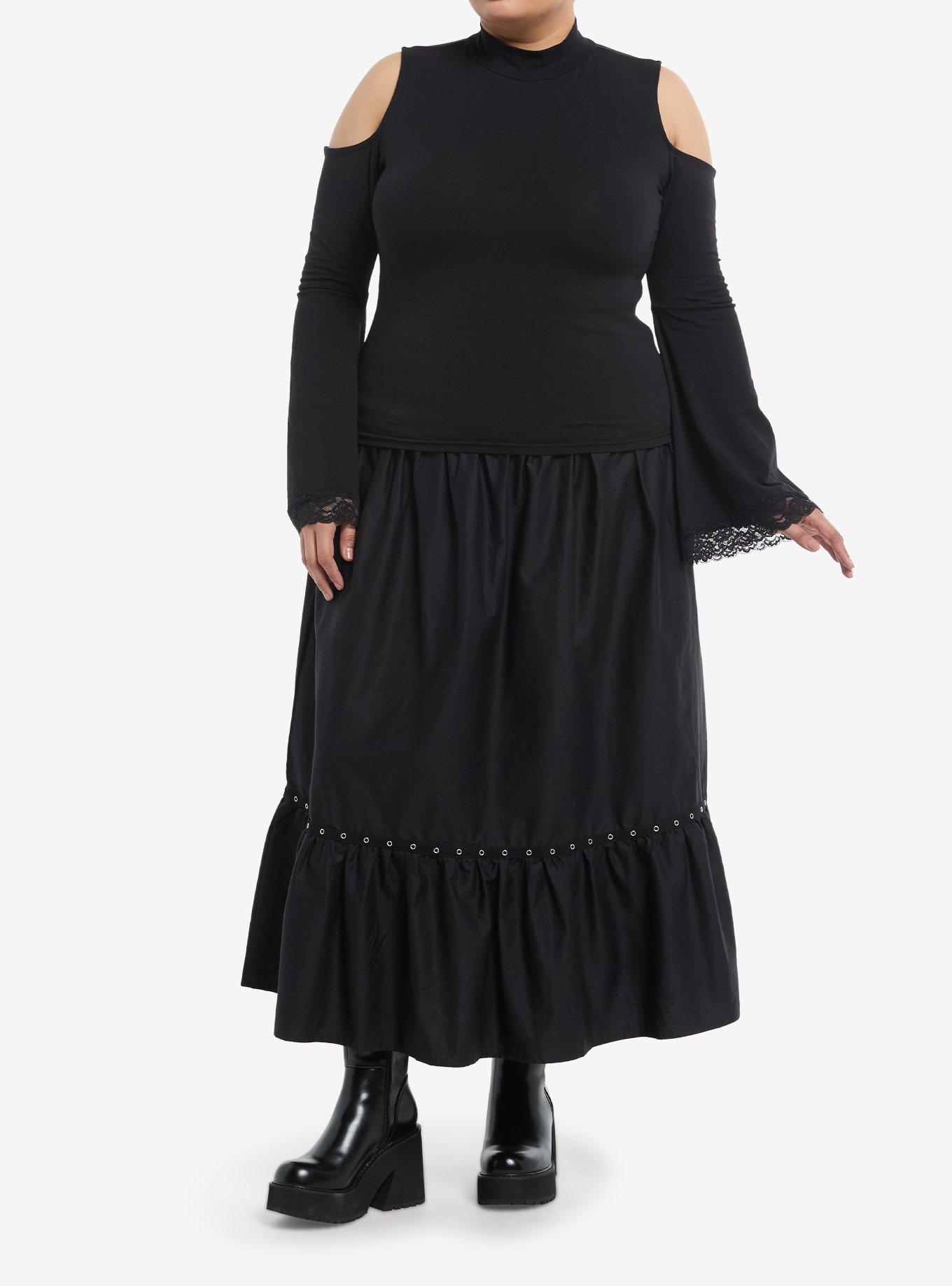 Cosmic Aura Black Cold Shoulder Girls Bell Sleeve Top Plus Size, , hi-res