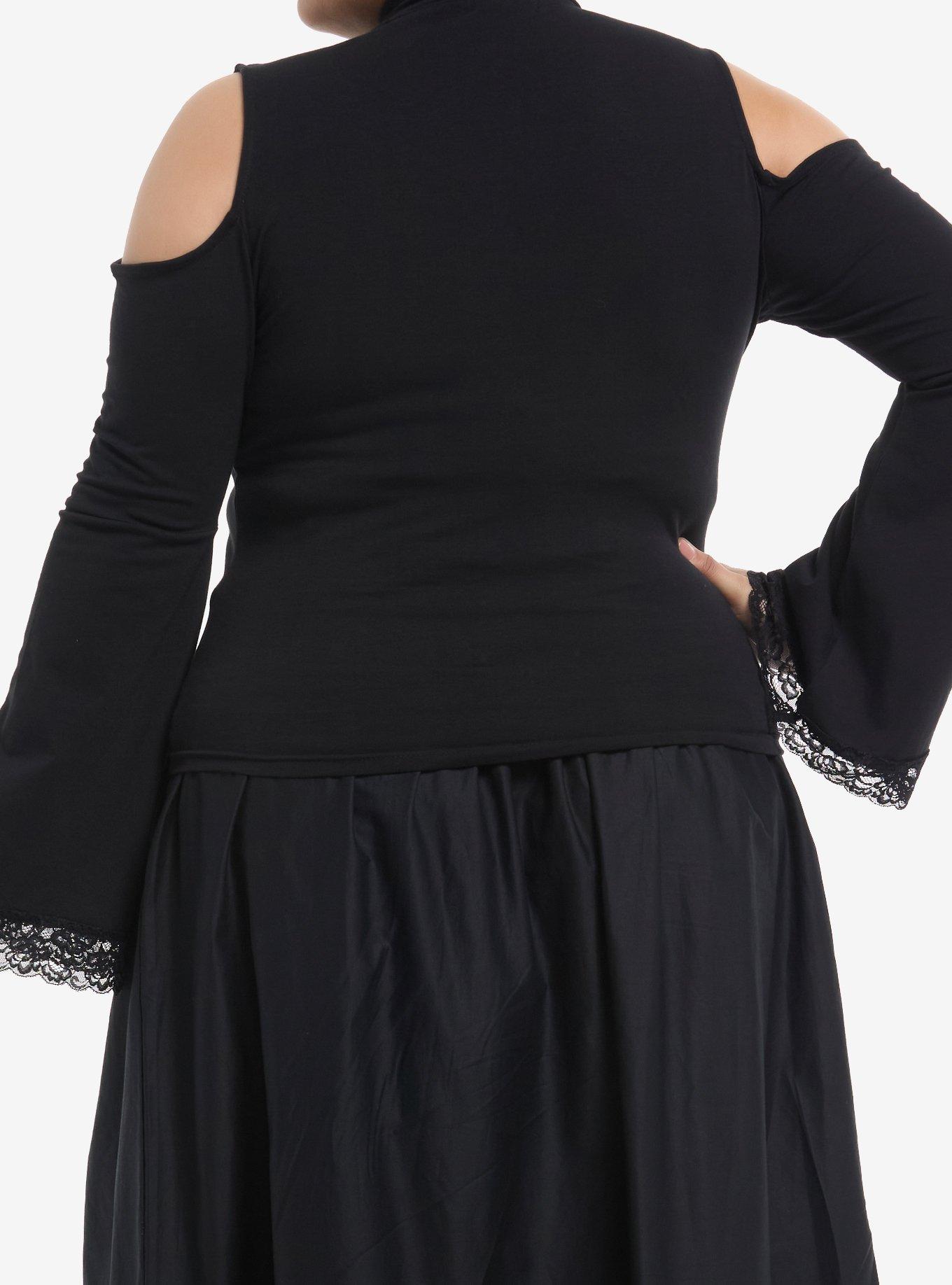Cosmic Aura Black Cold Shoulder Girls Bell Sleeve Top Plus Size, BLACK, alternate