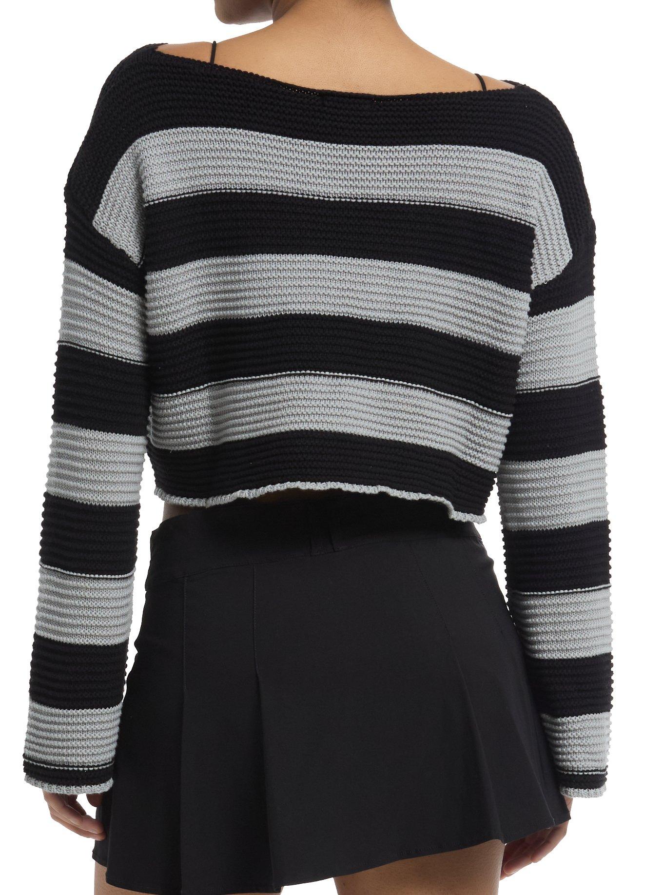Grey & Black Stripe Knit Bell Sleeve Girls Sweater, BLACK, alternate