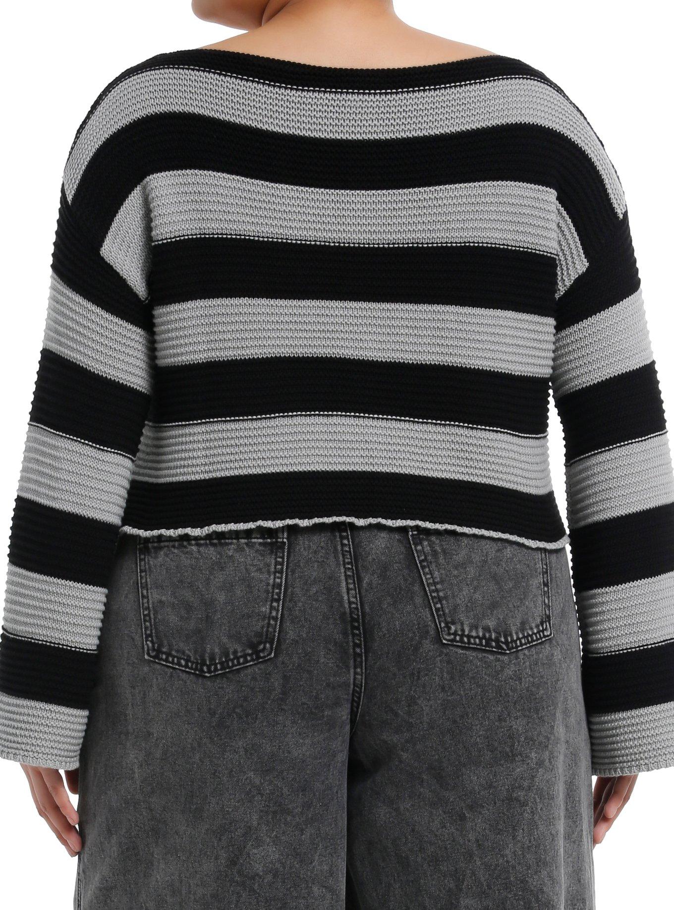 Grey & Black Stripe Knit Bell Sleeve Girls Sweater Plus Size, BLACK, alternate