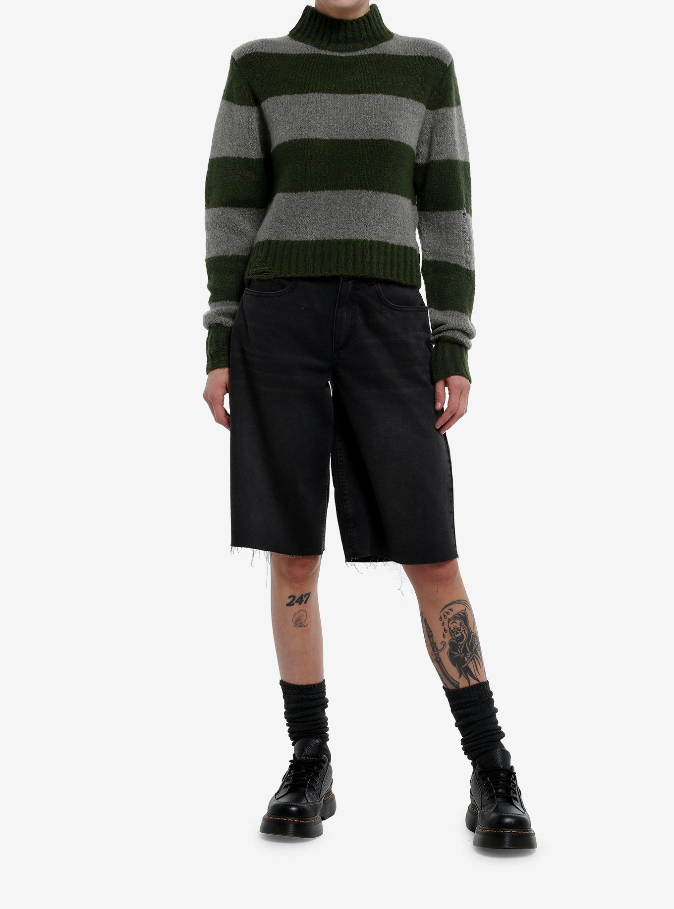 Green & Grey Stripe Girls Fuzzy Sweater, , hi-res
