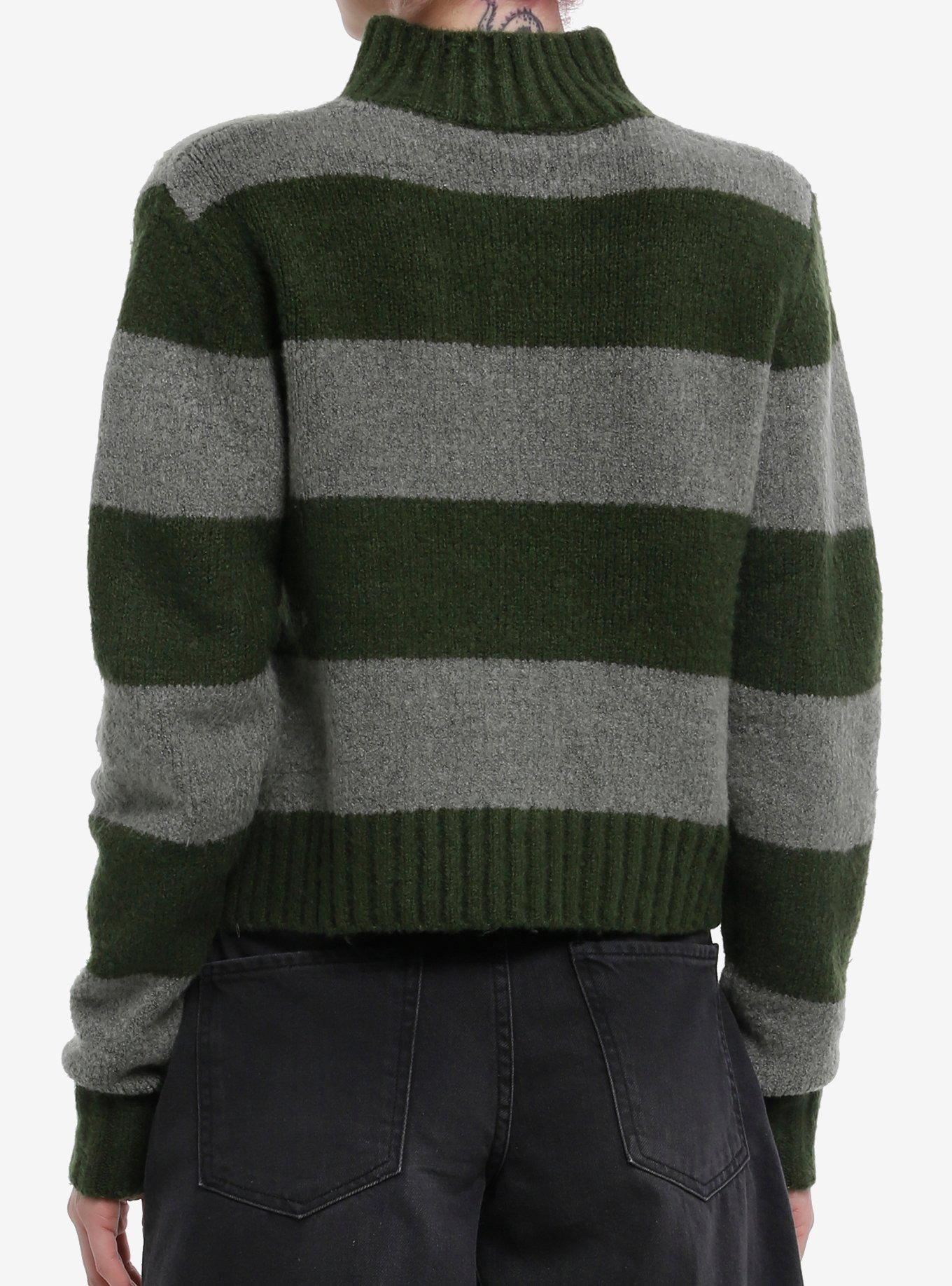 Green & Grey Stripe Girls Fuzzy Sweater, GREY, alternate