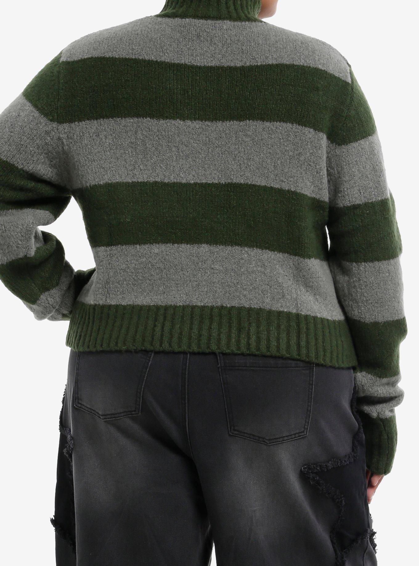 Green & Grey Stripe Girls Fuzzy Sweater Plus Size, , hi-res