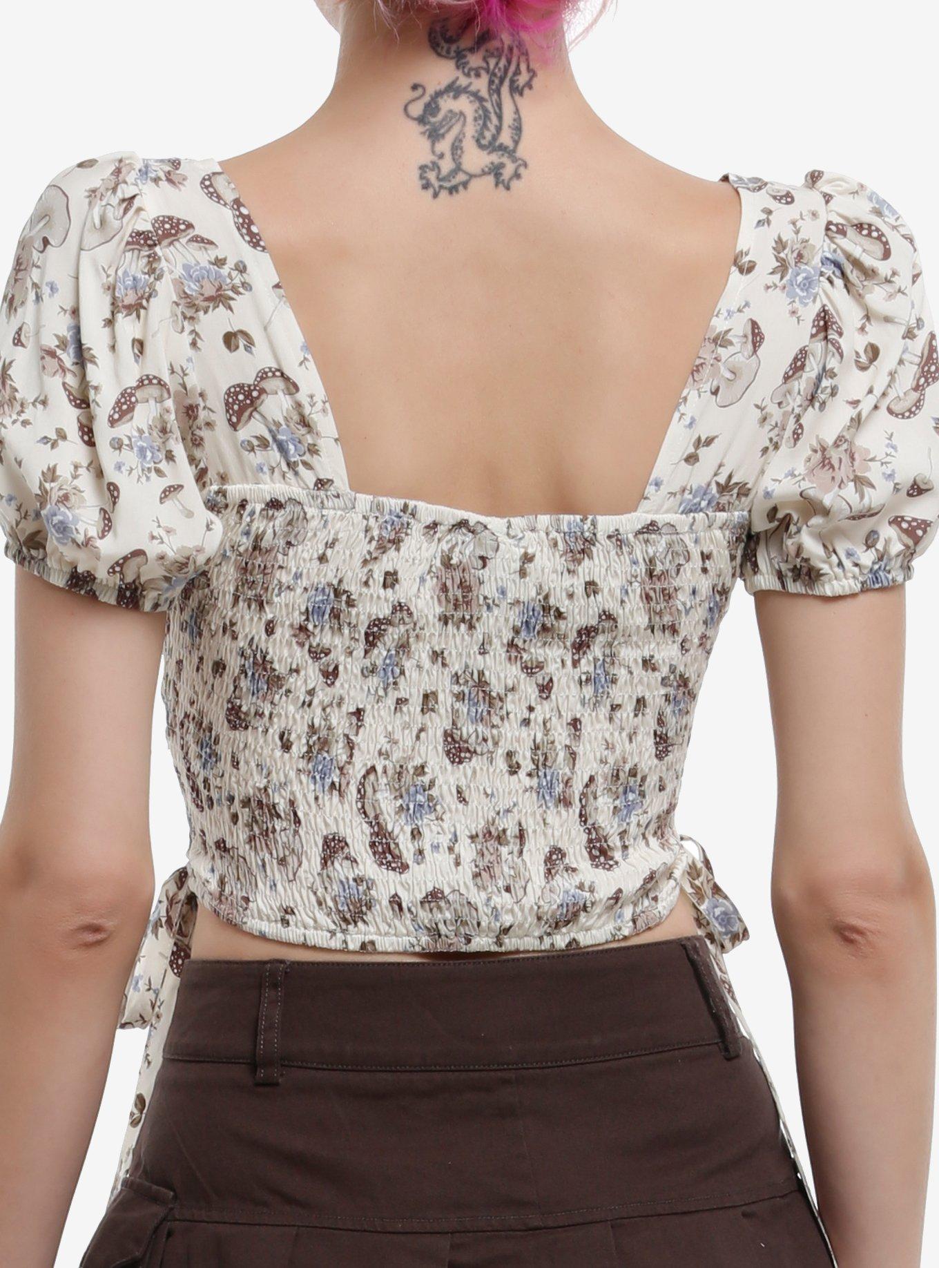 Thorn & Fable Mushroom Floral Lace-Up Girls Crop Top, BROWN, alternate
