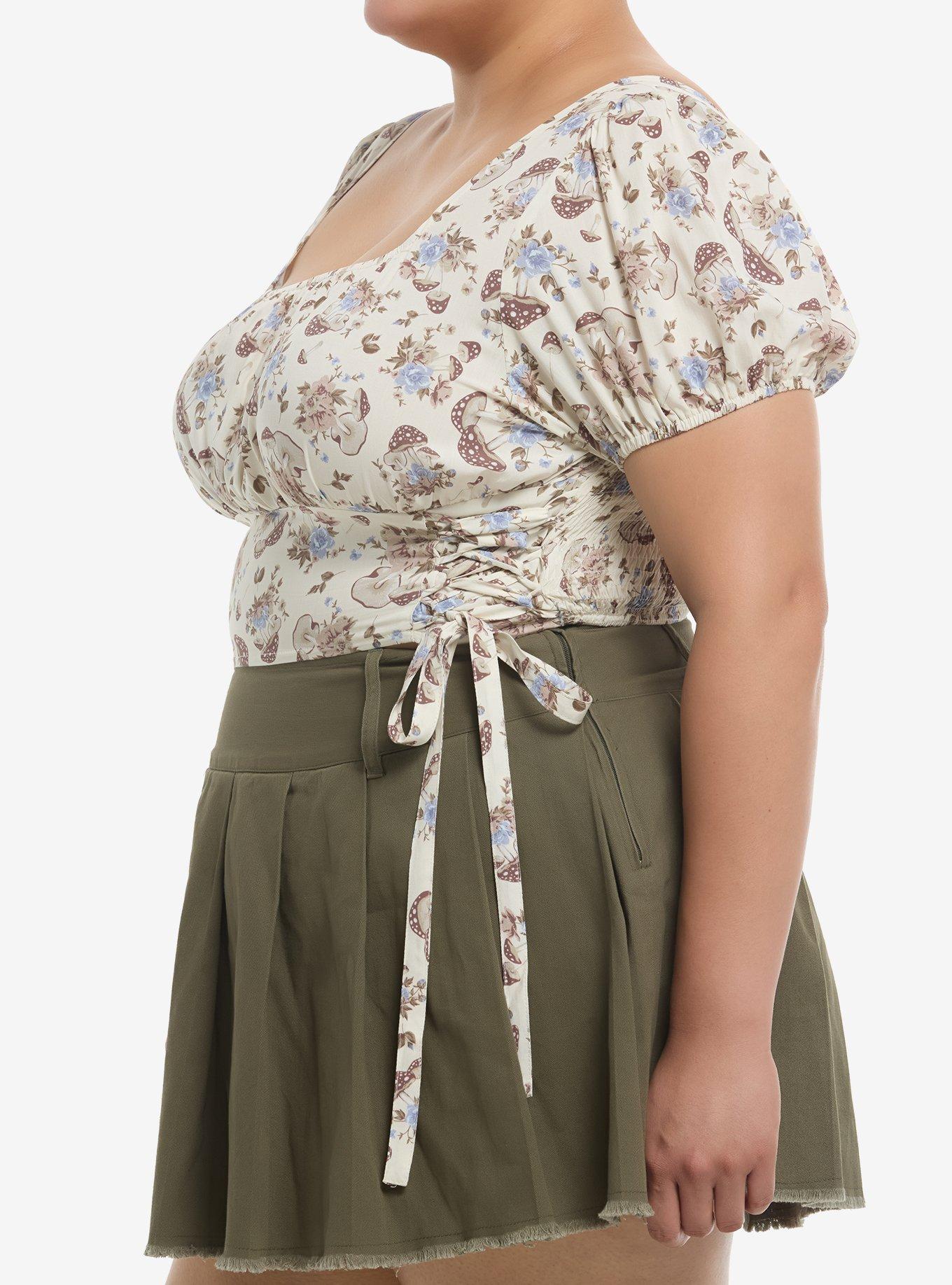 Thorn & Fable Mushroom Floral Lace-Up Girls Crop Top Plus Size, BROWN, alternate