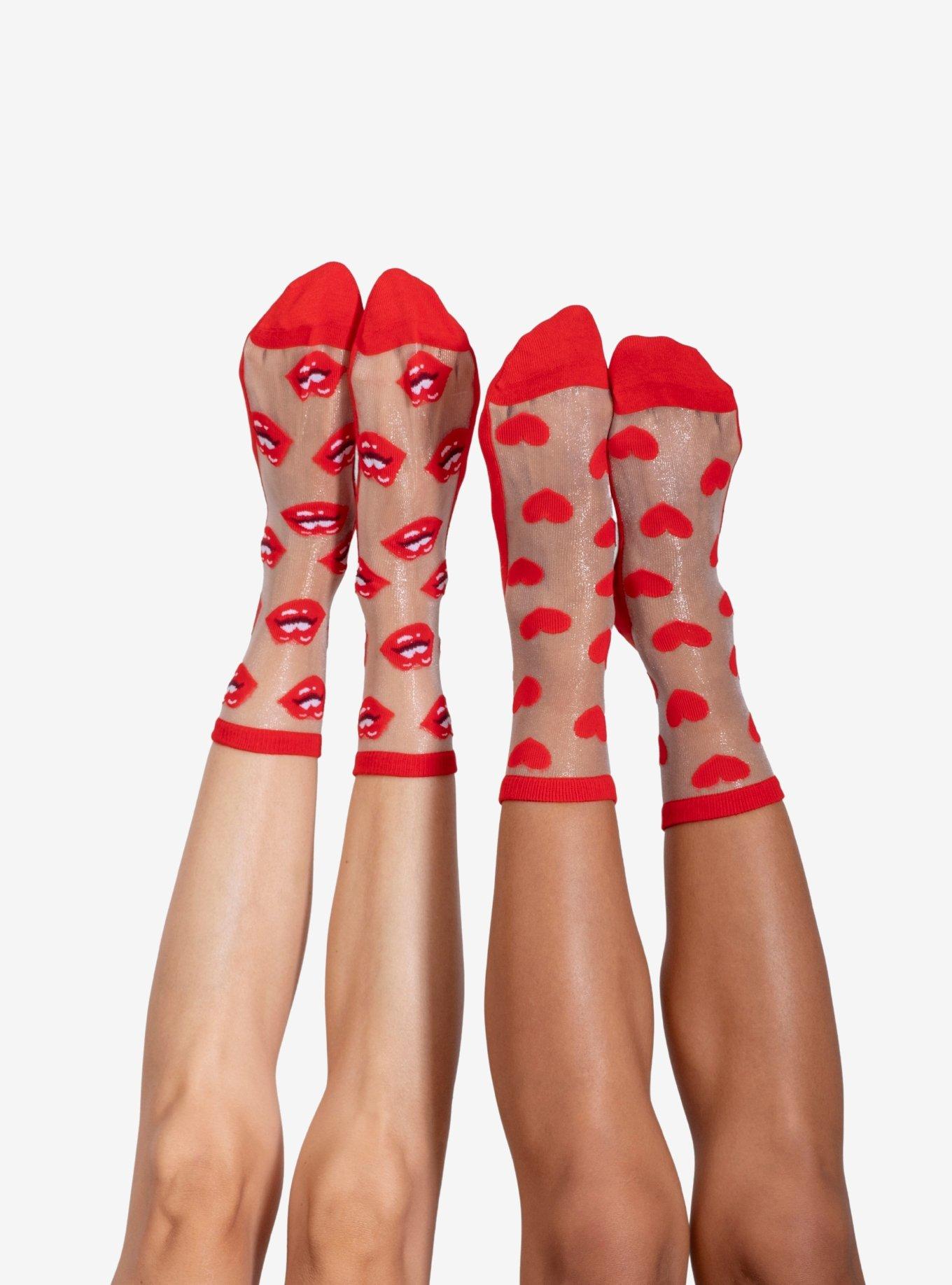 LECHERY Hearts & Lips Sheer Crew Socks (2 Pairs), , hi-res