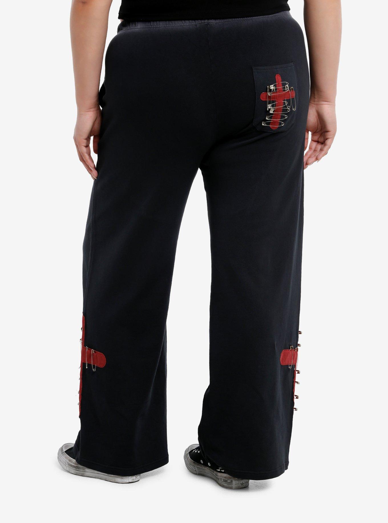Faded Black Cross & Safety Pin Wide Leg Girls Lounge Pants Plus Size, , hi-res