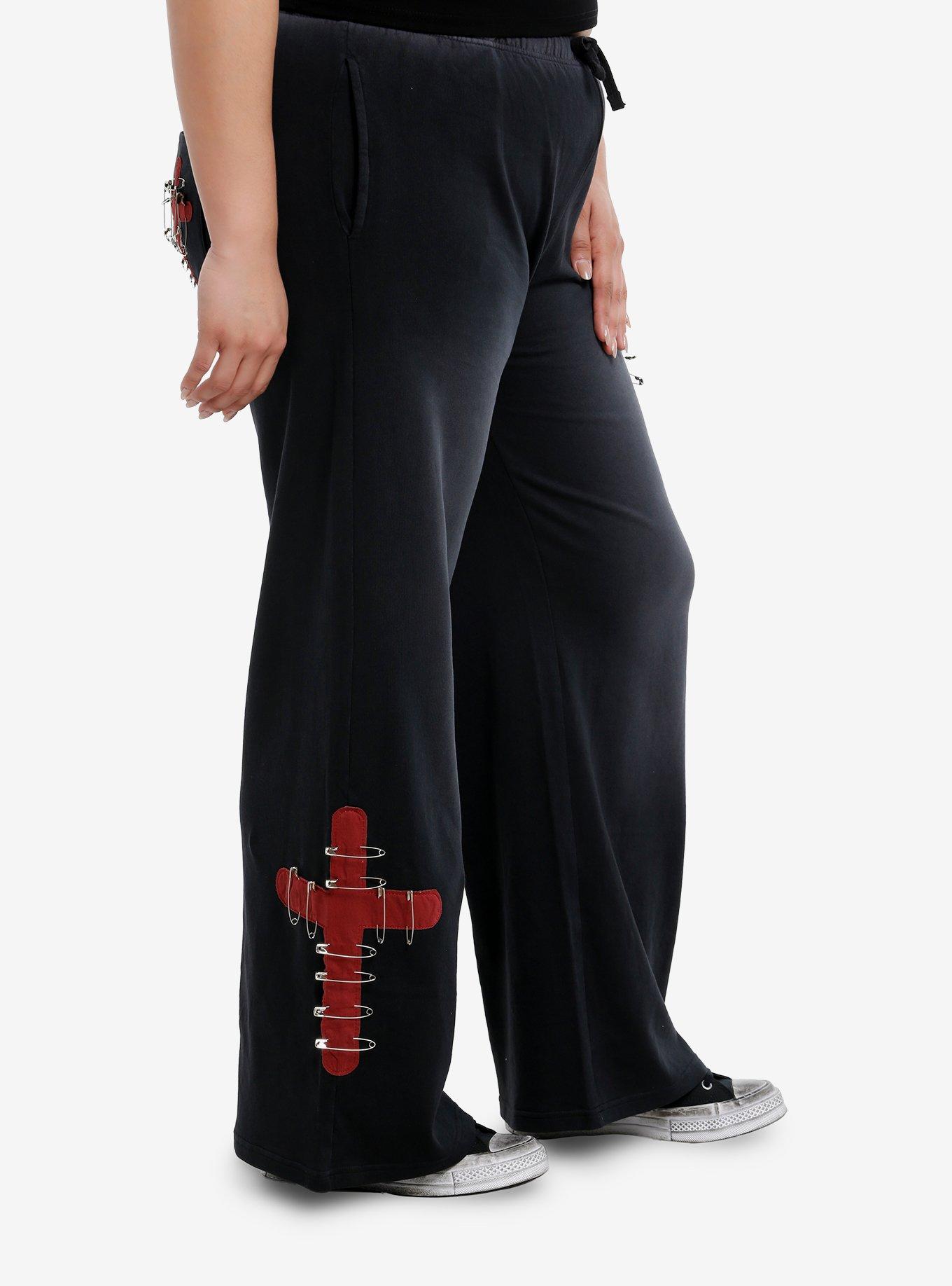 Faded Black Cross & Safety Pin Wide Leg Girls Lounge Pants Plus Size, RED, alternate