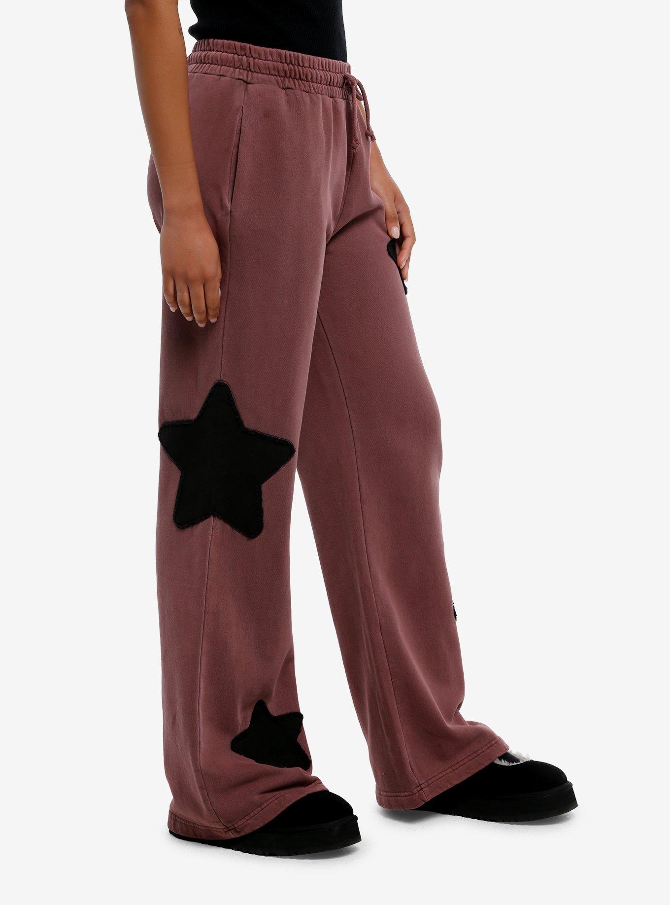 Black Star Patch Brown Washed Wide Leg Lounge Pants, BLACK, alternate