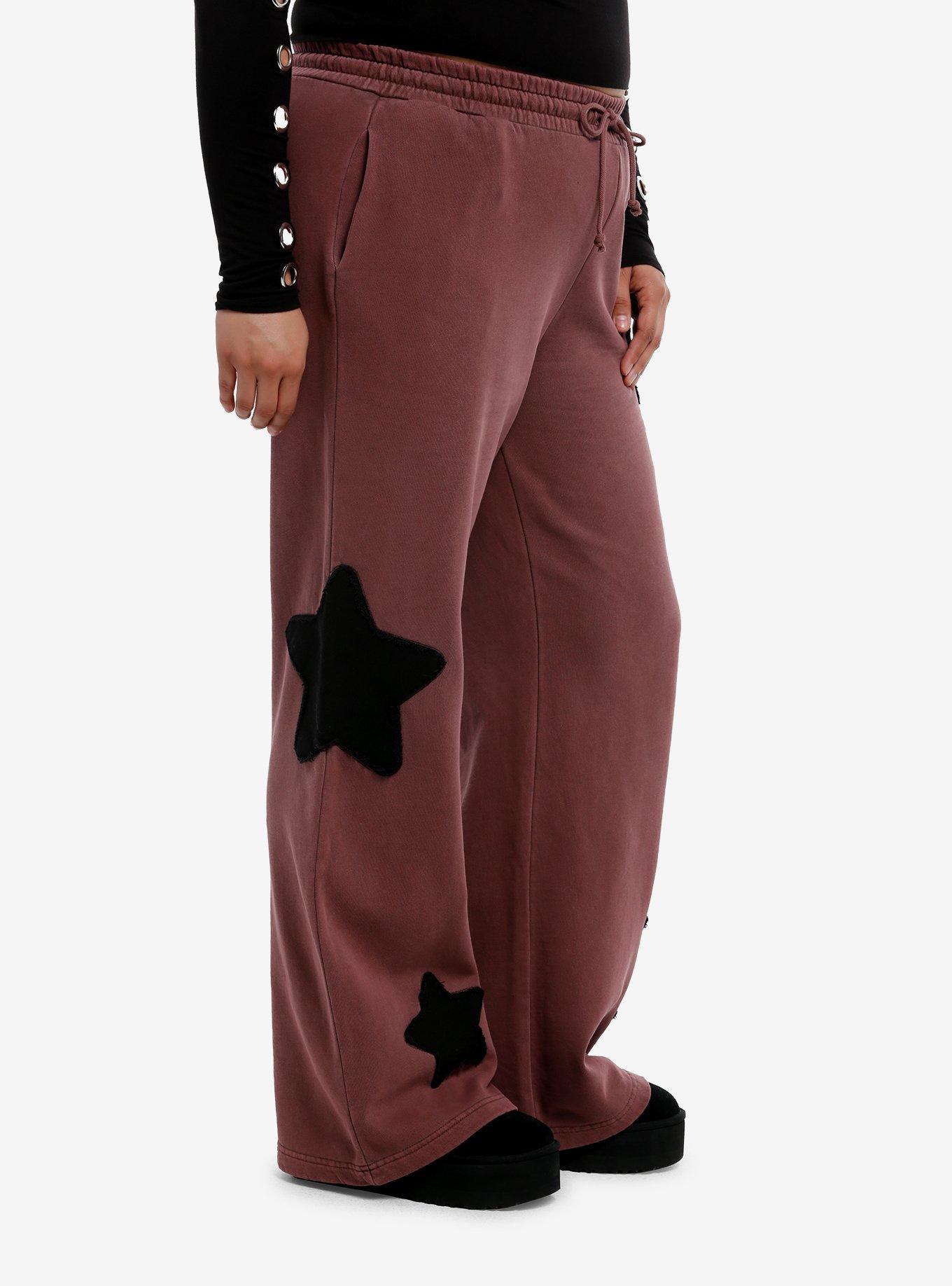 Black Star Patch Brown Washed Wide Leg Lounge Pants Plus Size, BLACK, alternate