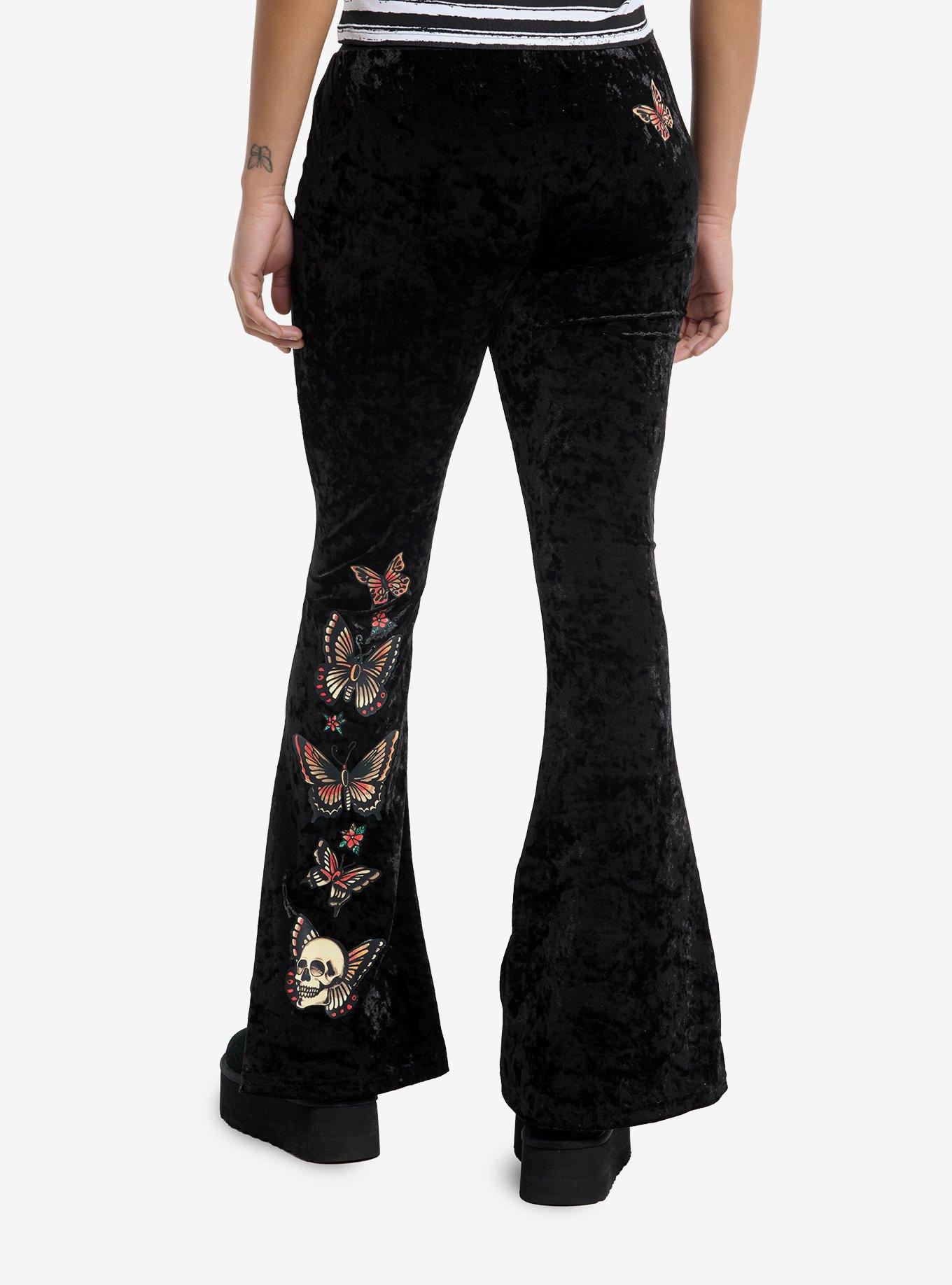 Tattoo Skull & Roses Black Velour Girls Flare Pants, , hi-res