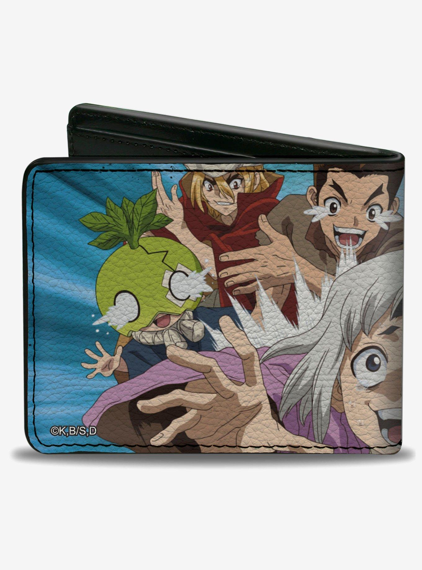Dr. Stone Character Group Rays Pose and Title Logo Blues Bifold Wallet, , hi-res