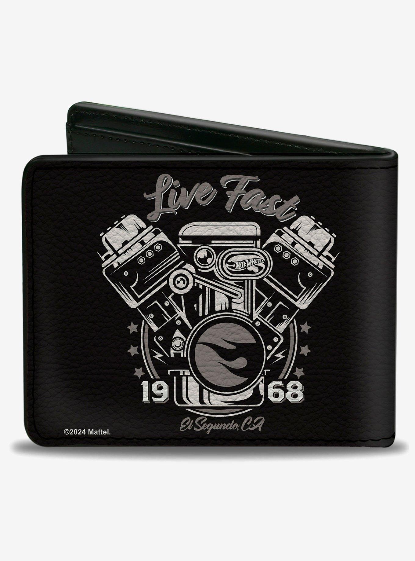 Hot Wheels Live Fast 1968 Engine Pistons Black Grays Bifold Wallet, , hi-res