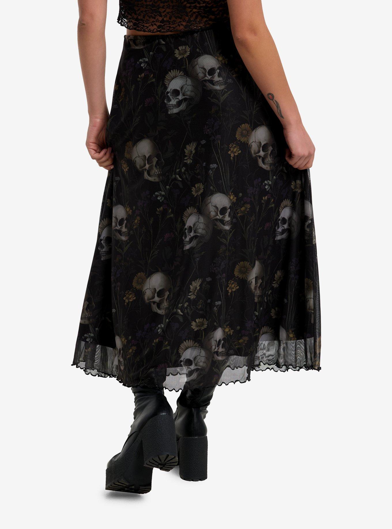 Cosmic Aura Dark Flowers & Skulls Mesh Midi Skirt, , hi-res