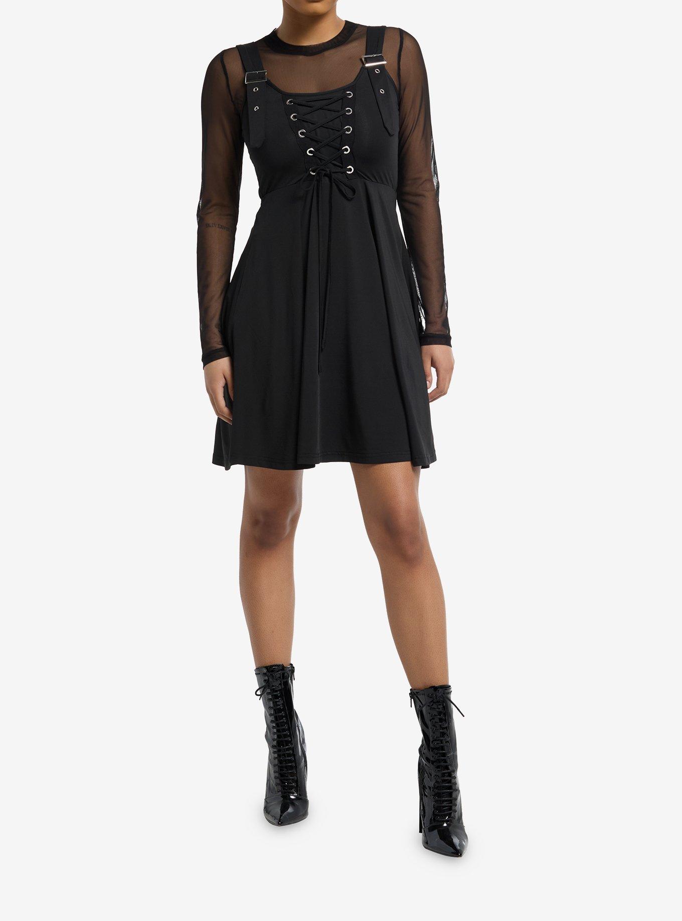 Black Grommet Lace-Up Mesh Twofer Dress, , hi-res