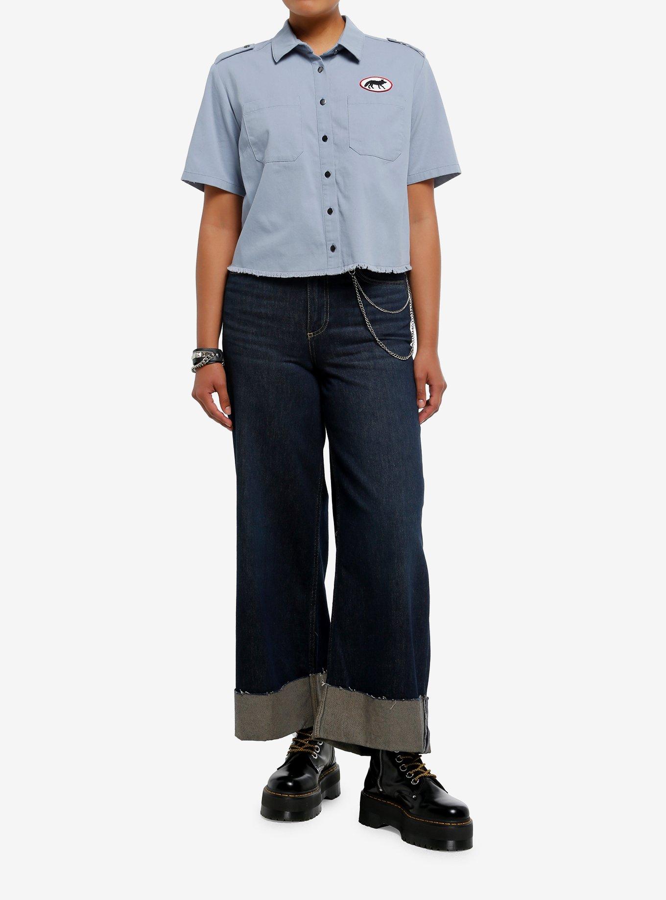 Social Collision Blue Wolf Patch Girls Woven Button-Up, , hi-res