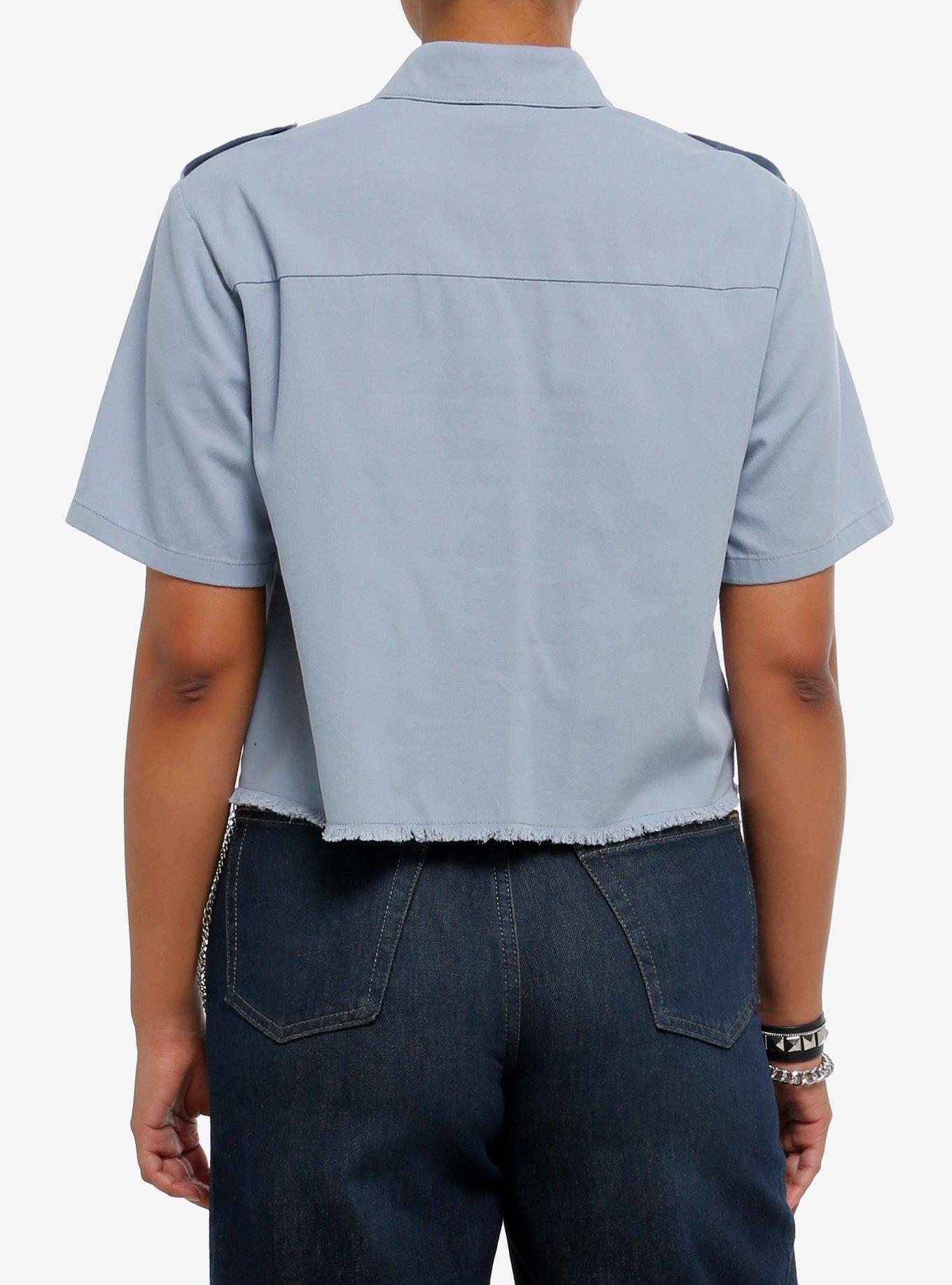 Social Collision Blue Wolf Patch Girls Woven Button-Up, BLUE, alternate