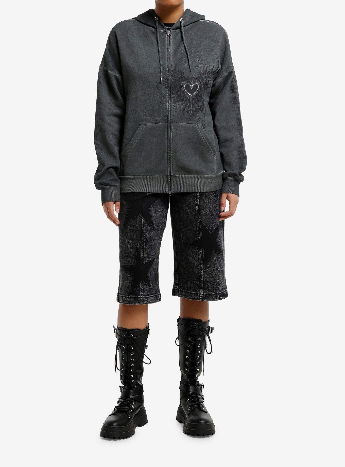Winged Heart Rhinestone Grey Wash Girls Hoodie, BLACK, alternate