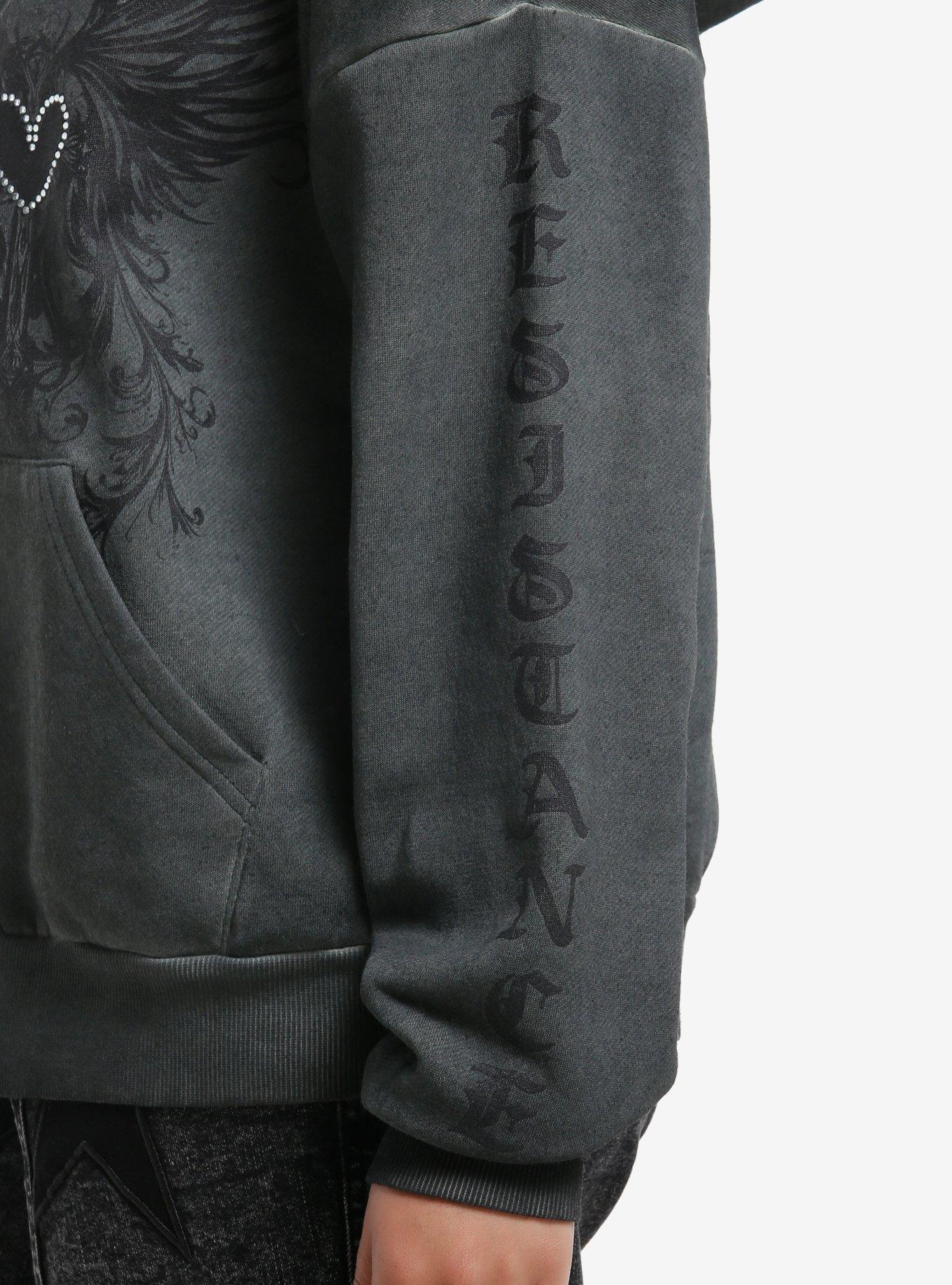 Winged Heart Rhinestone Grey Wash Girls Hoodie, BLACK, alternate