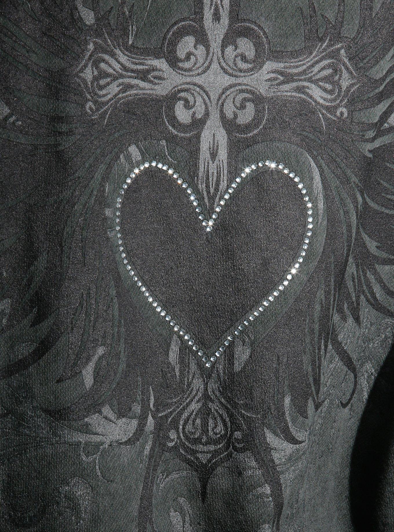 Winged Heart Rhinestone Grey Wash Girls Hoodie, BLACK, alternate