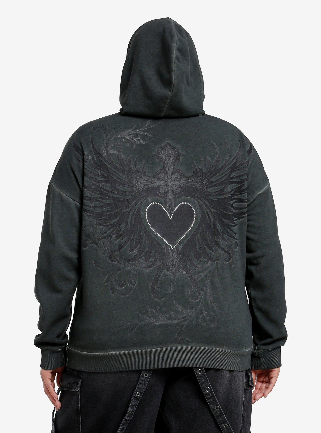 Winged Heart Rhinestone Grey Wash Girls Hoodie Plus Size, BLACK, alternate