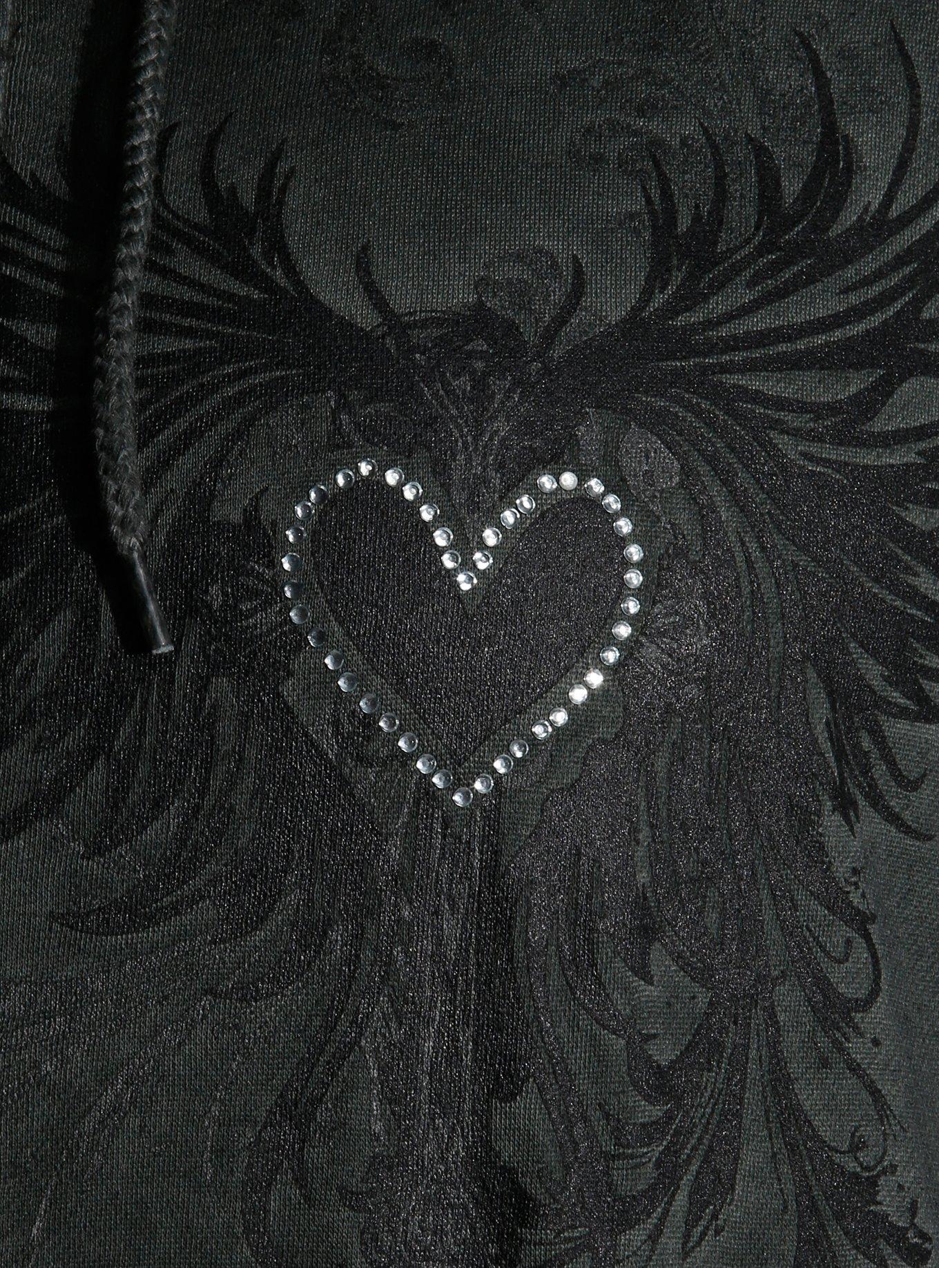 Winged Heart Rhinestone Grey Wash Girls Hoodie Plus Size, BLACK, alternate