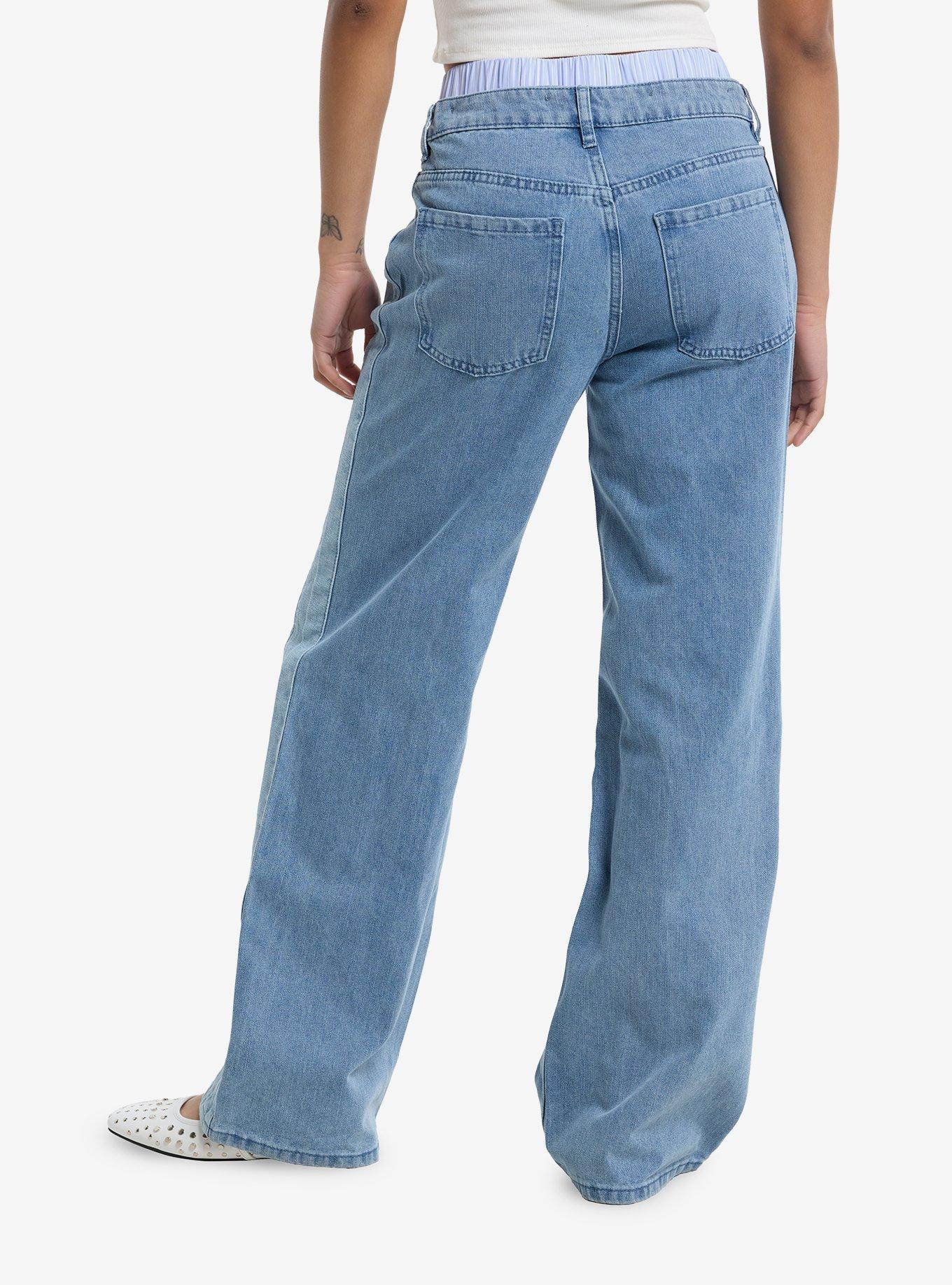 Light Indigo Faux Boxers Color Block Girls Wide Leg Jeans, , hi-res