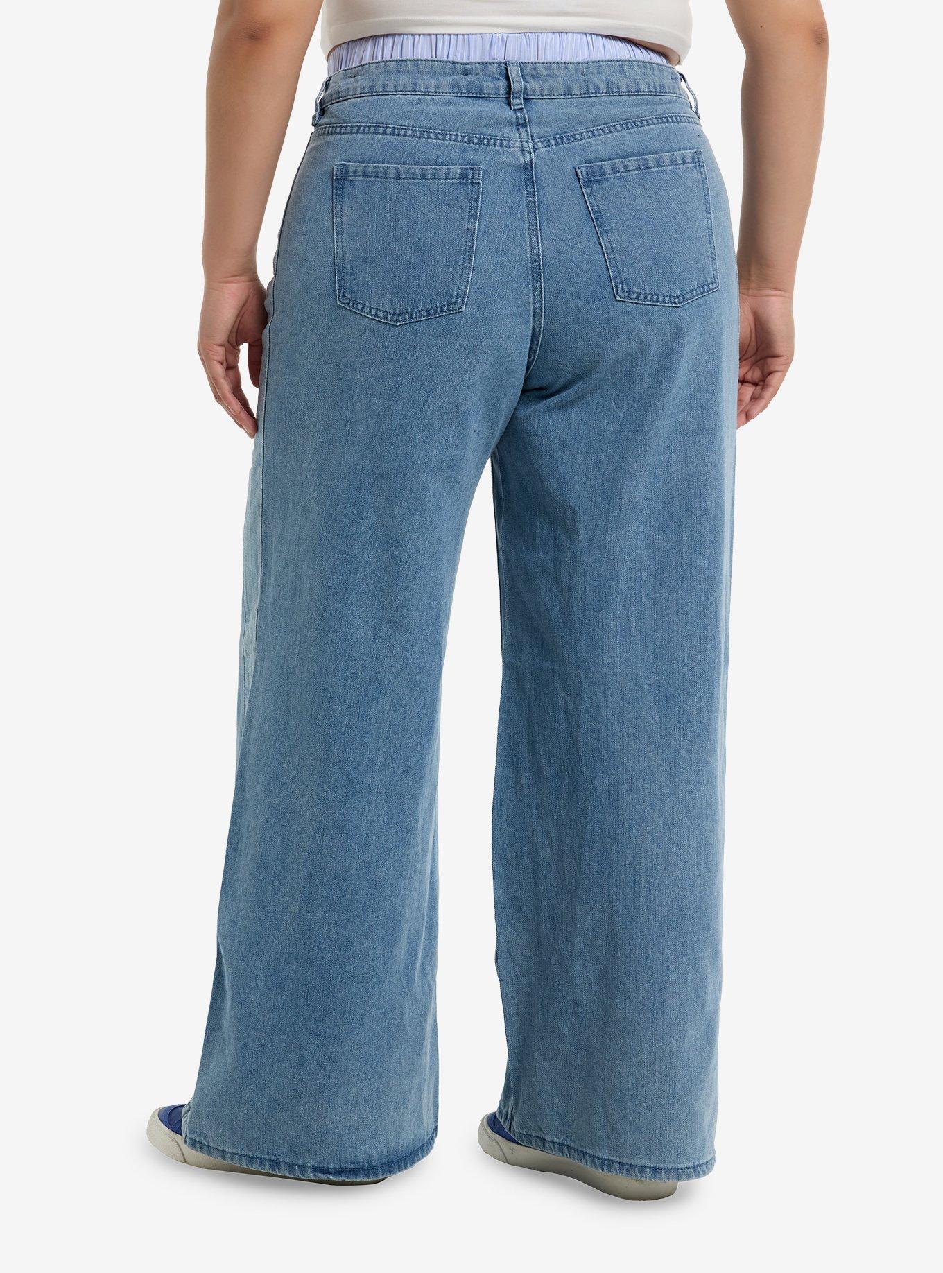 Light Indigo Faux Boxers Color-Block Wide Leg Jeans Plus Size, , hi-res