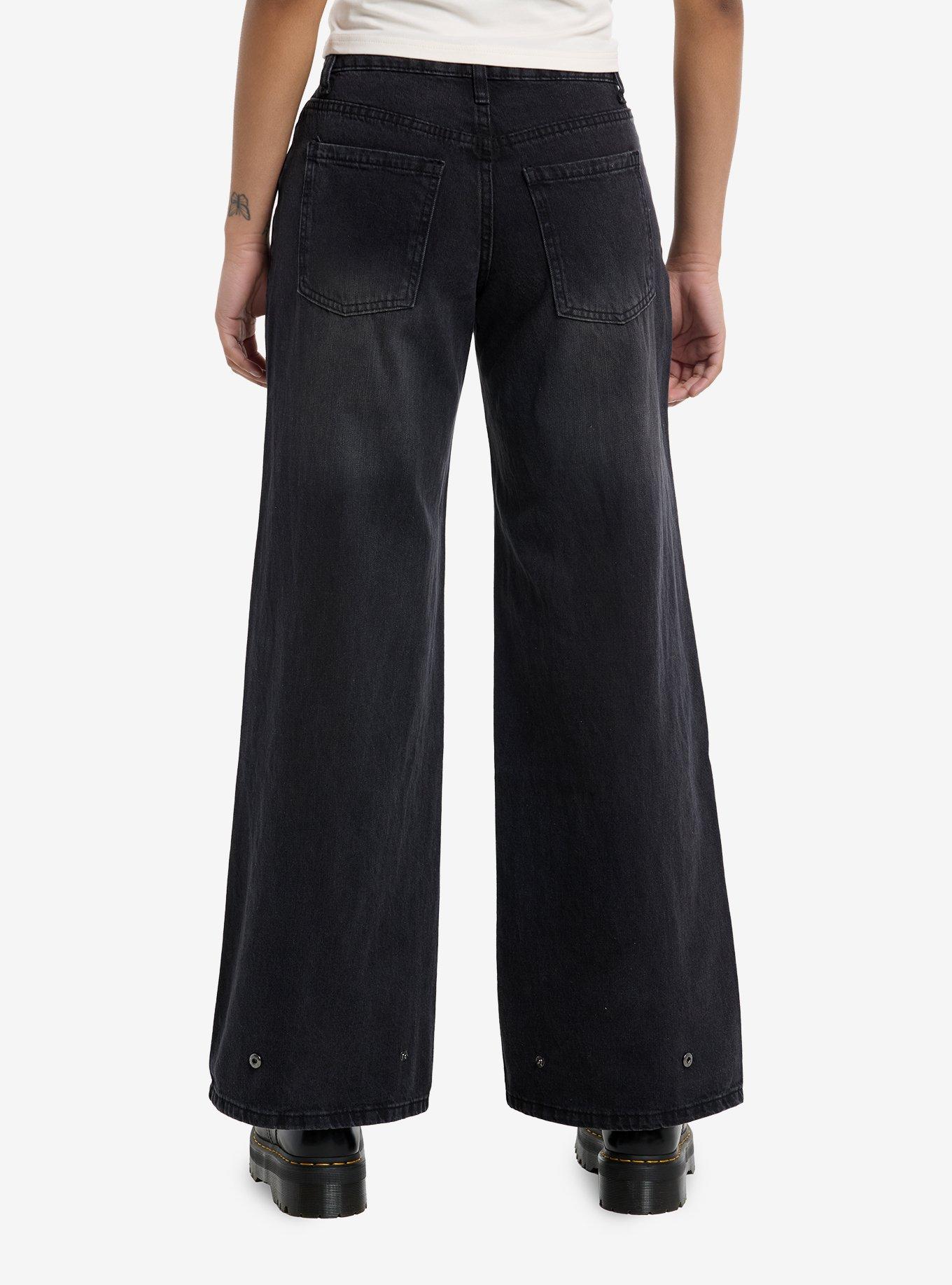 Social Collision Black Chap Panel Wide Leg Denim Pants, , hi-res