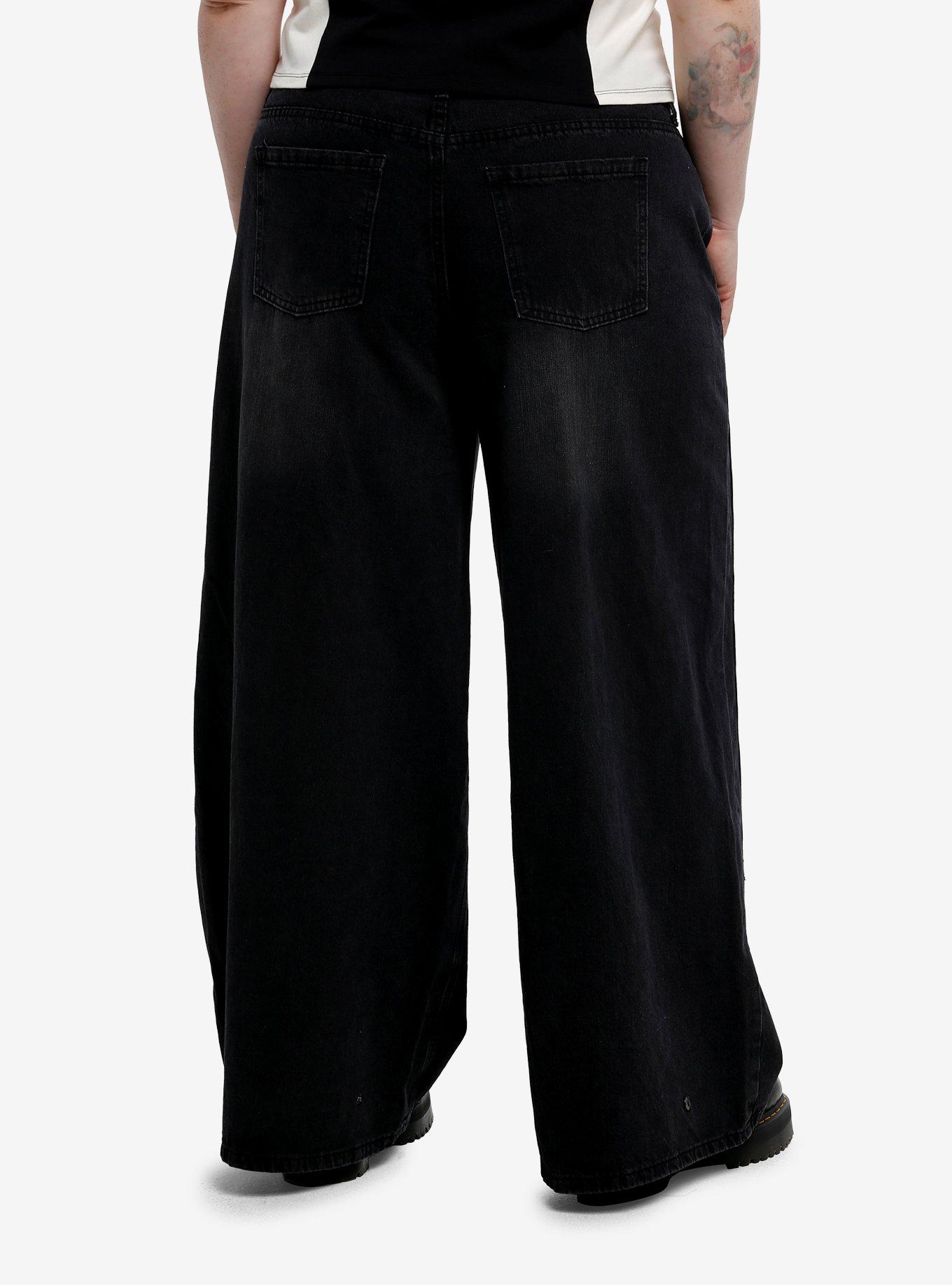 Social Collision Black Chap Panel Wide Leg Denim Pants Plus Size, , hi-res