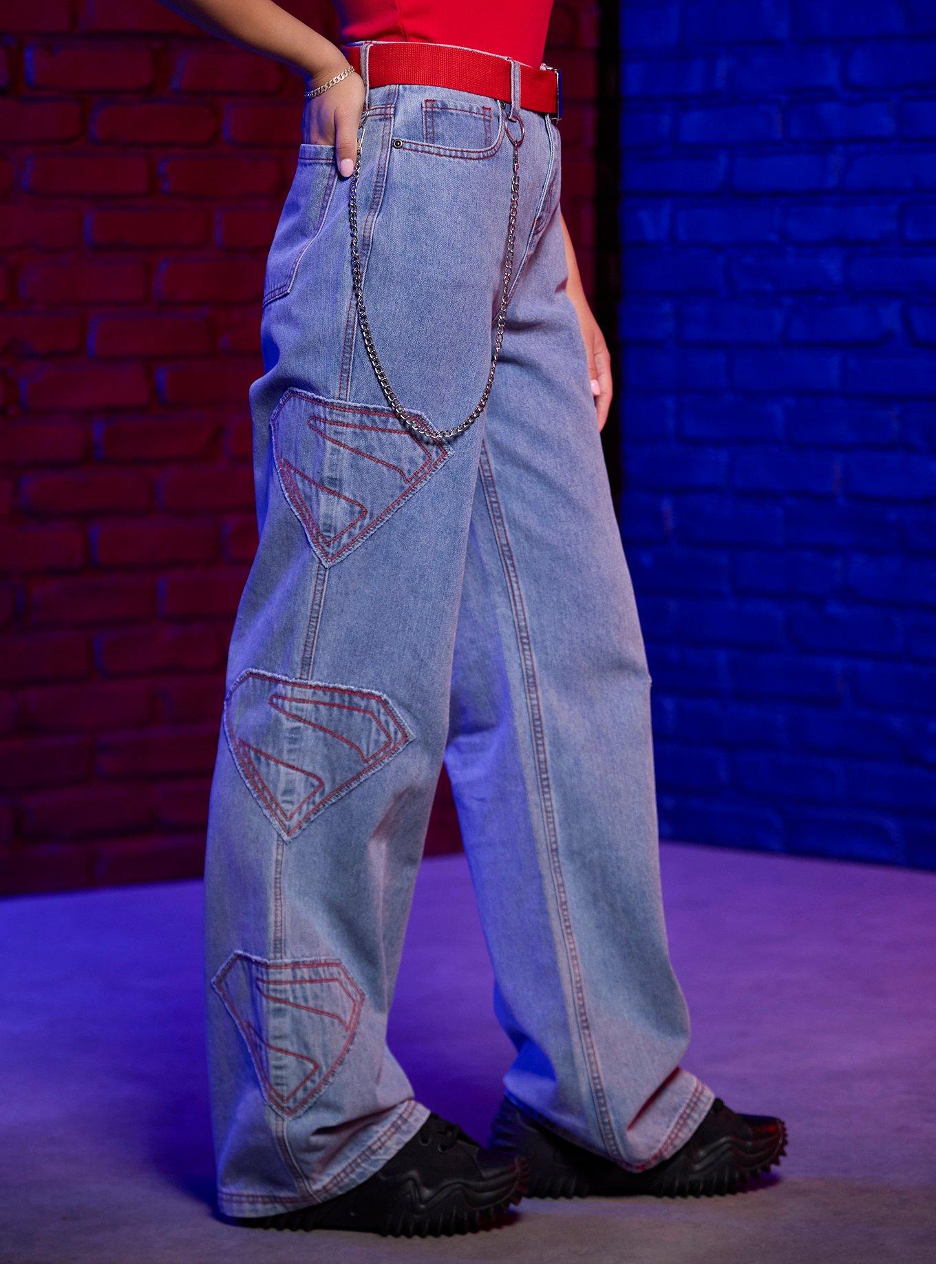 DC Comics Superman Logo Wide Leg Denim Pants With Belt, LIGHT WASH, alternate