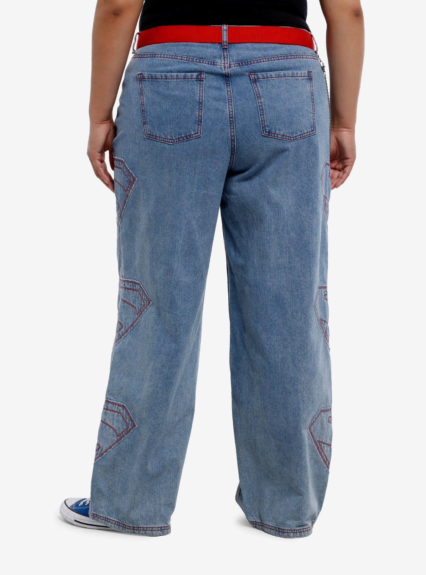 DC Comics Superman Logo Wide Leg Denim Pants With Belt Plus Size, , hi-res