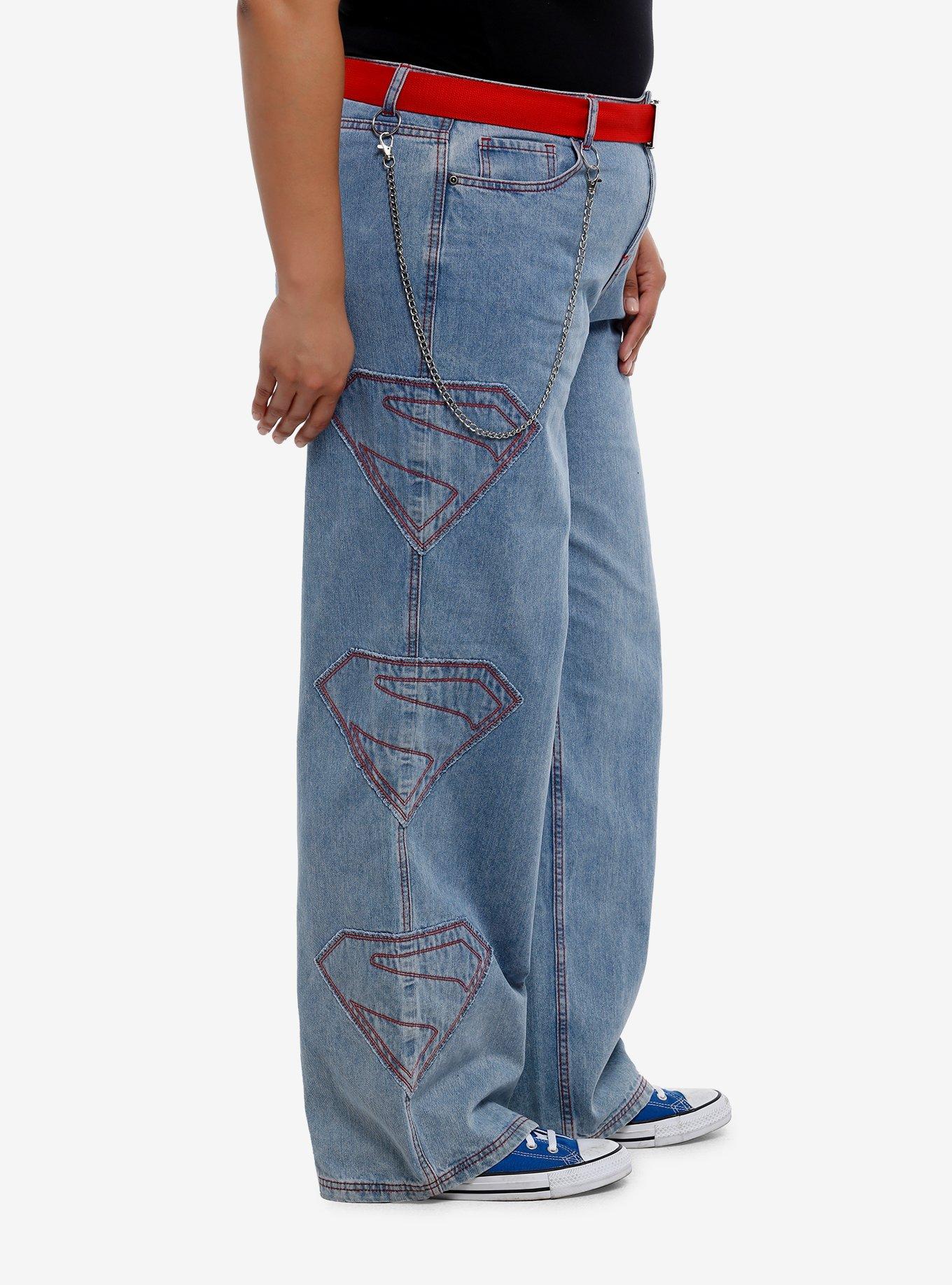 DC Comics Superman Logo Wide Leg Denim Pants With Belt Plus Size, LIGHT WASH, alternate