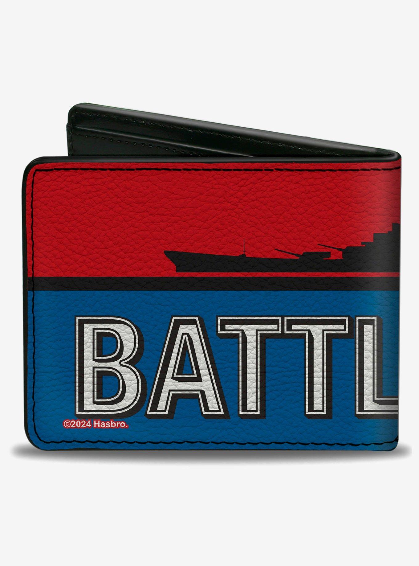 Battleship Ship Silhouette and Text Red Blue Black White Bifold Wallet, , hi-res