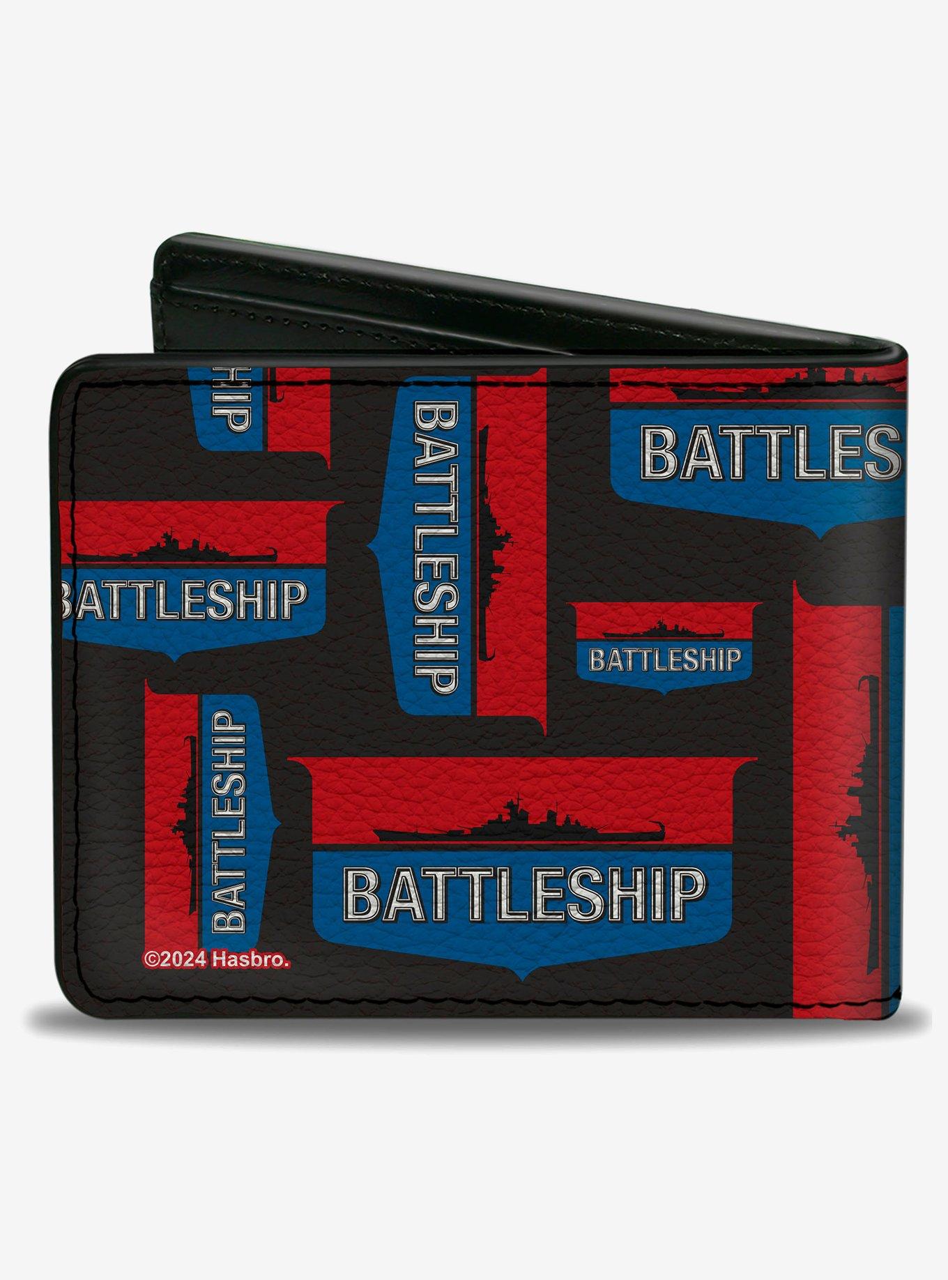 Battleship Ship Silhouette and Text Badge Collage Black Bifold Wallet, , hi-res