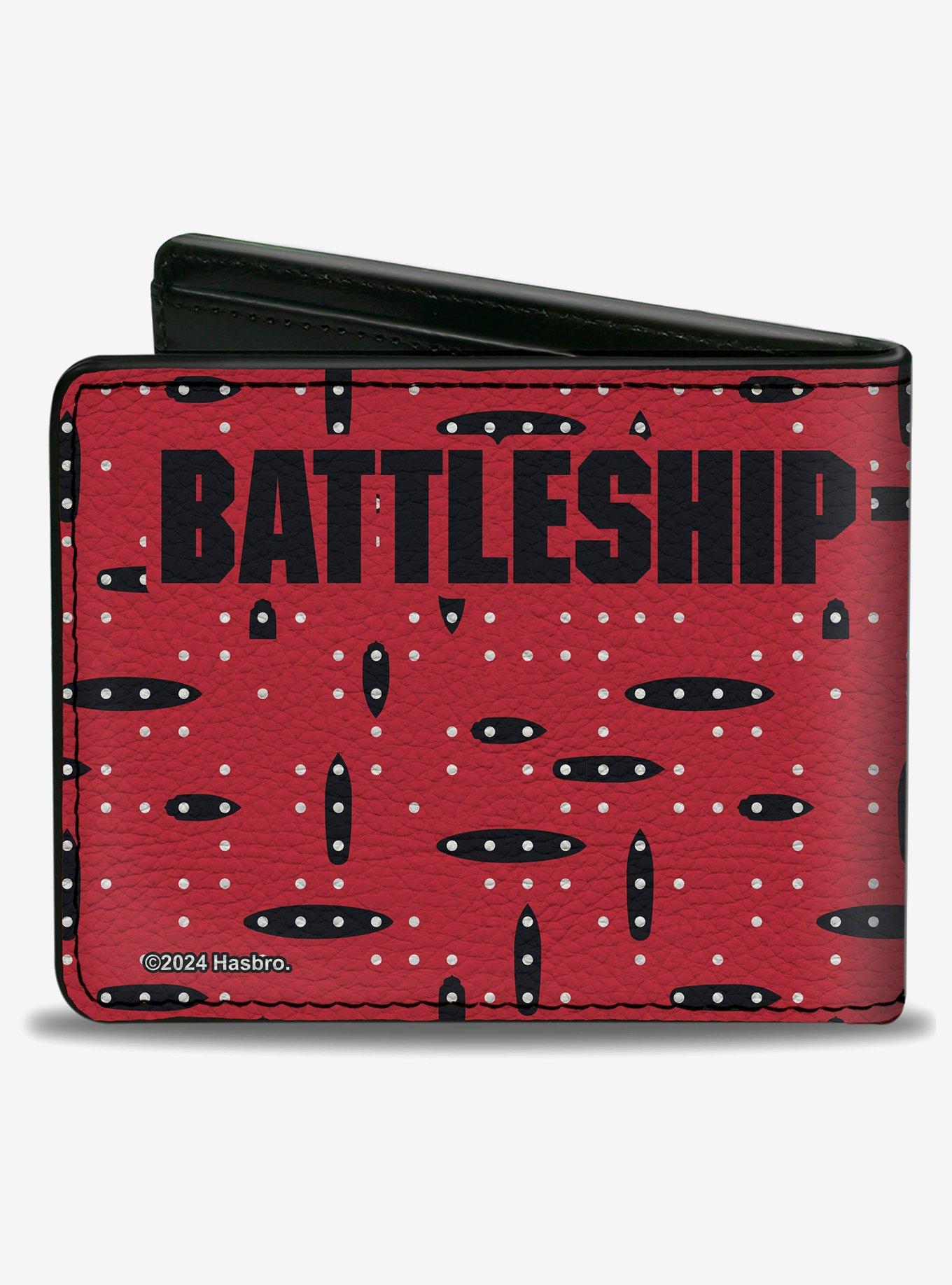 Battleship Grid With Ships and Text Red Black White Bifold Wallet, , hi-res