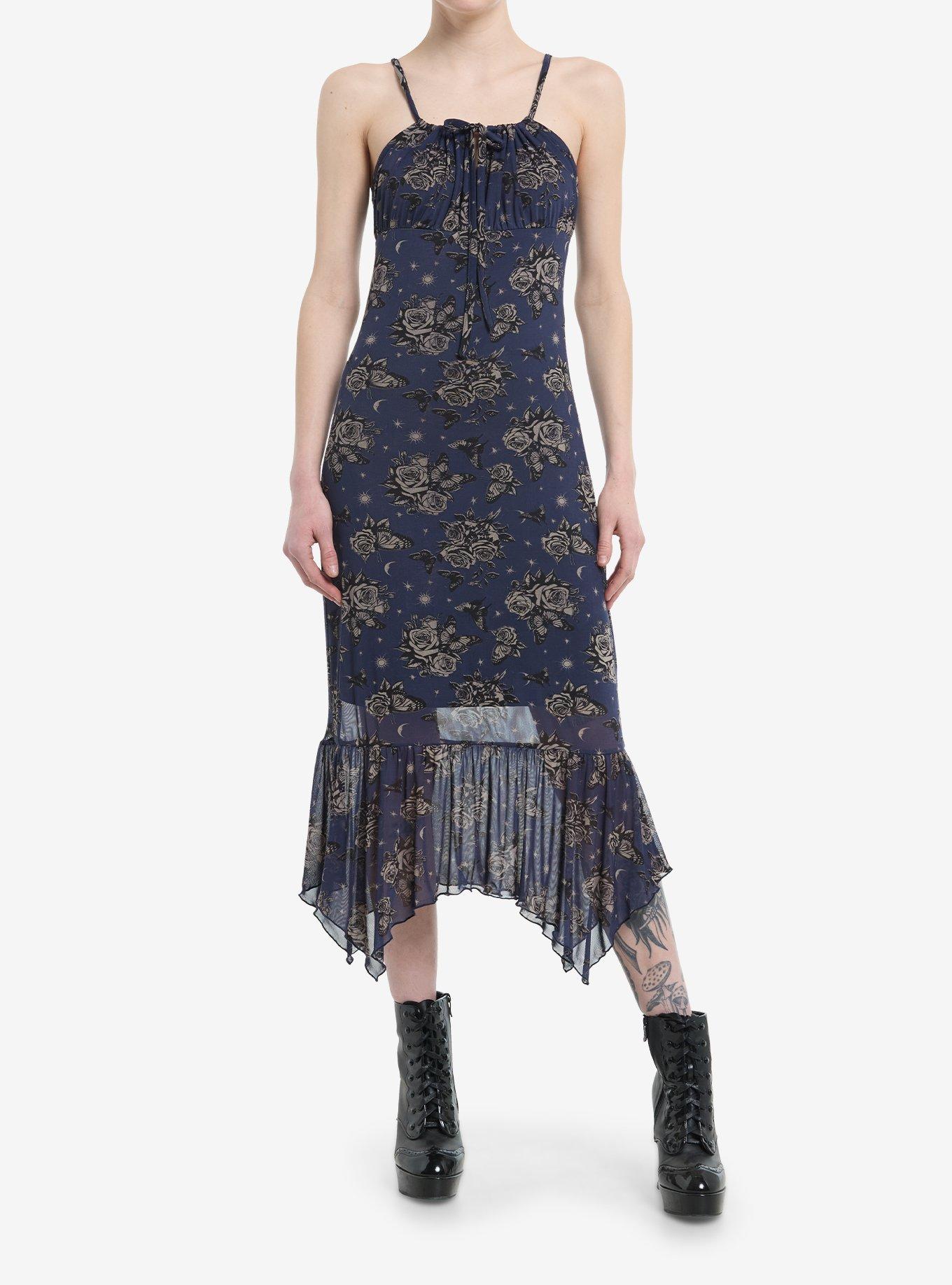 Cosmic Aura Blue Rose Butterfly Hanky Hem Midaxi Dress, , hi-res