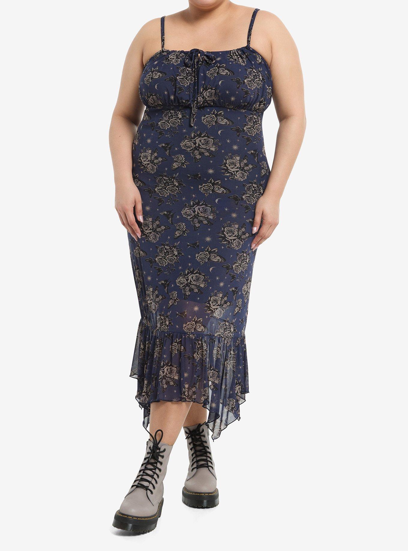 Cosmic Aura Blue Rose Butterfly Hanky Hem Midaxi Dress Plus Size, , hi-res