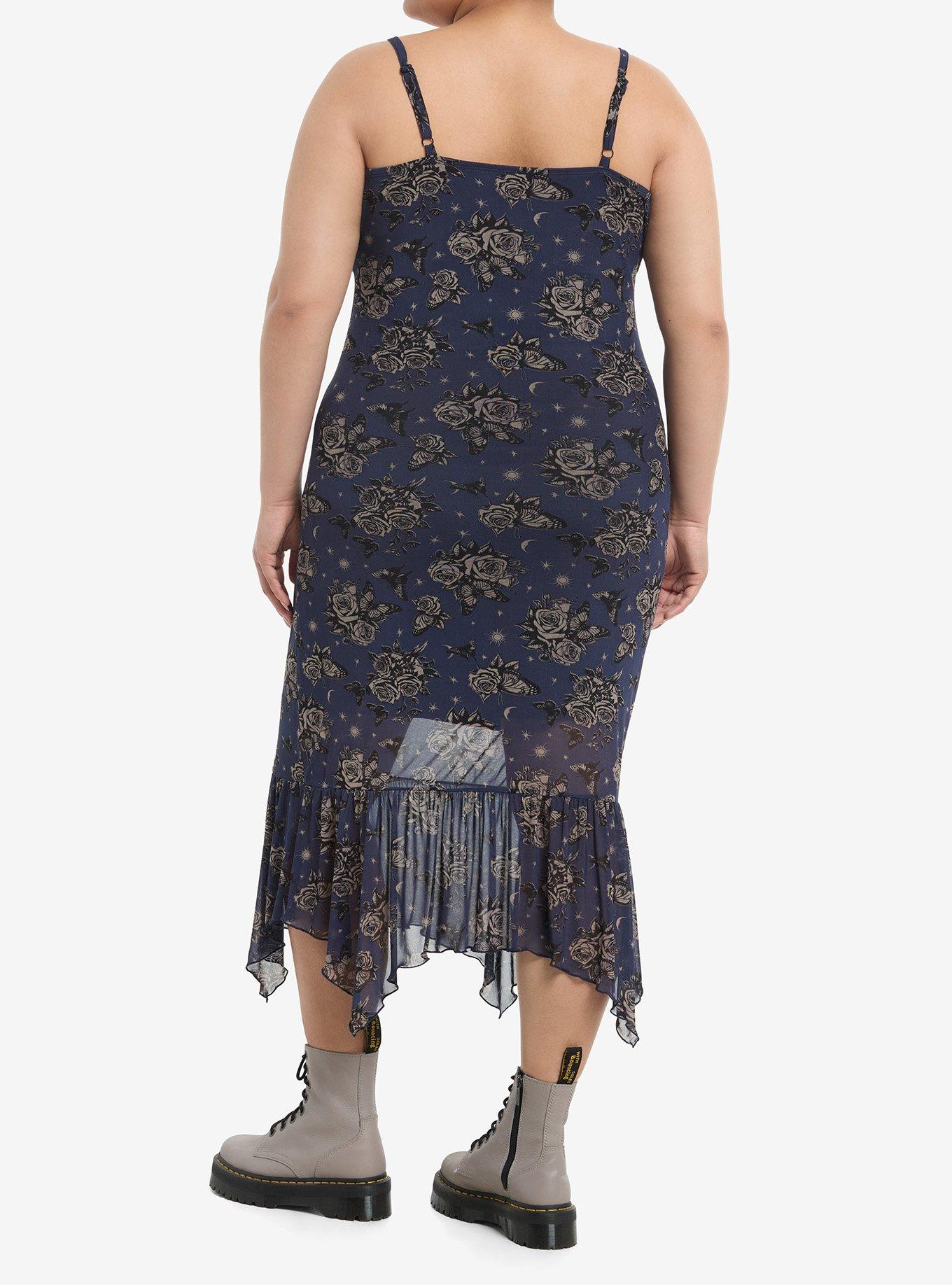 Cosmic Aura Blue Rose Butterfly Hanky Hem Midaxi Dress Plus Size, BROWN, alternate