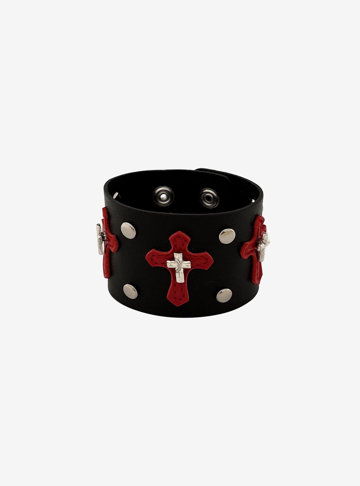 Black & Red Cross Stud Cuff Bracelet, , hi-res