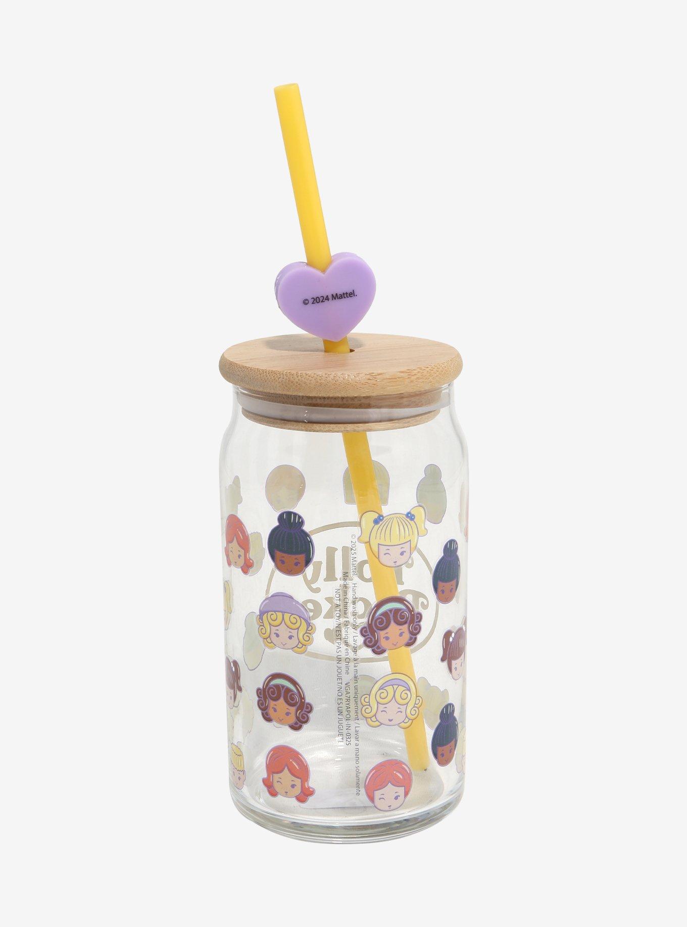 Polly Pocket Allover Print Glass Cup with Straw Charm — BoxLunch Exclusive, , hi-res
